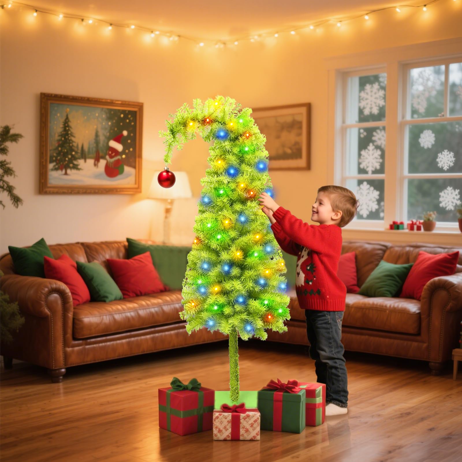 150cm Künstlicher Weihnachtsbaum mit Roter Kugelspitze Lichterkette, pop up decorated weihnachtsbaum mit beleuchtung, grinch Grüner weihnachtsbaum Christmas Tree, für Innen Außen Weihnachtsdeko (Grun)
