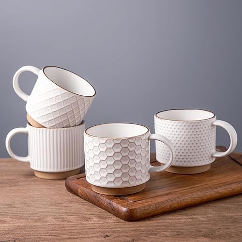 Miniatura 23 de GBHOME Tazas de café apilables de 12 onzas, tazas de café de cerámica con patrones de textura para hombre, mujer, papá, mamá, juego de 4 tazas