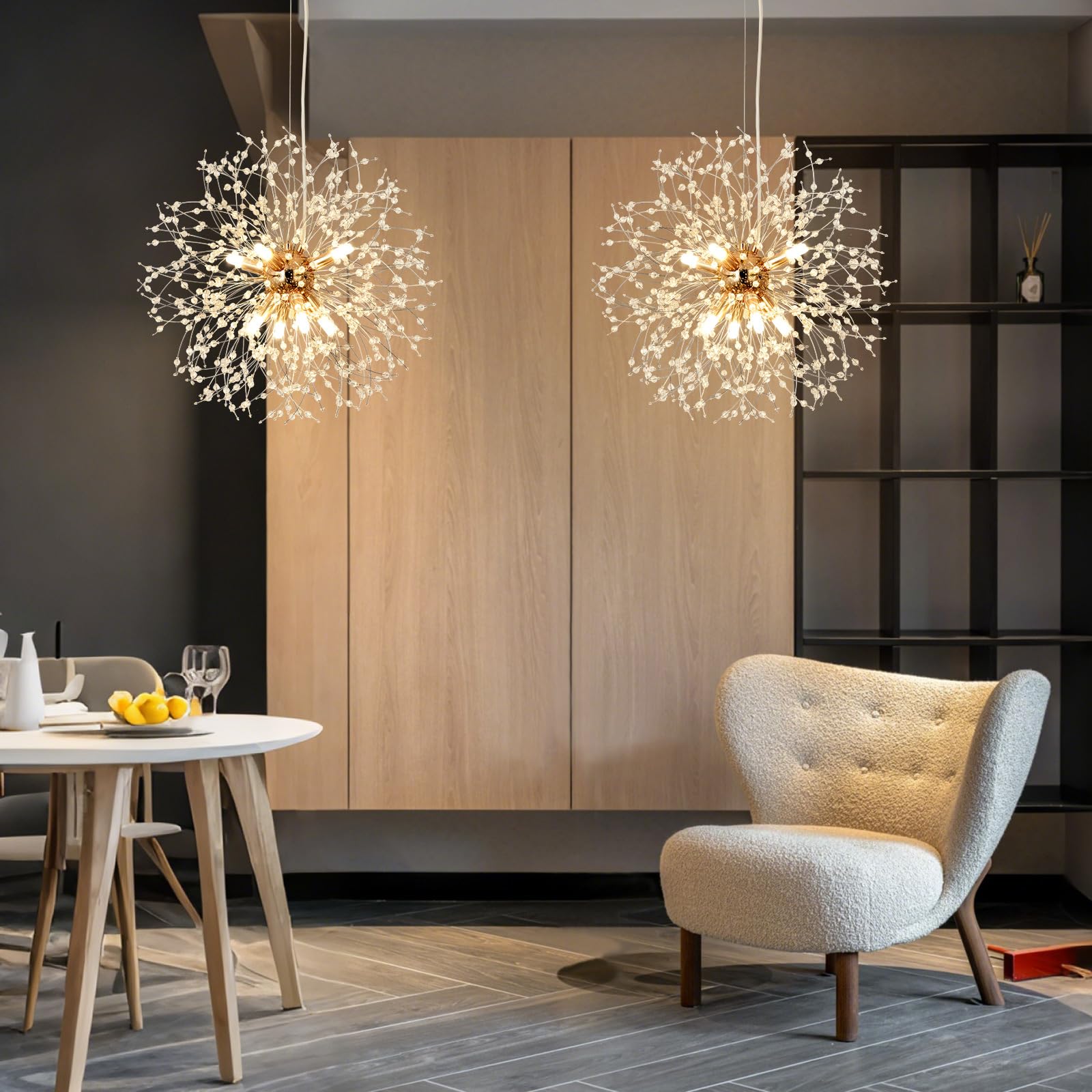 Lampadari moderni a forma di fuochi d'artificio Lampada a sospensione Dandelion, oro 8 luci G9 Lampadari con cristalli Lampada da salotto, camera da letto, sala da pranzo, ingresso, Φ45 cm