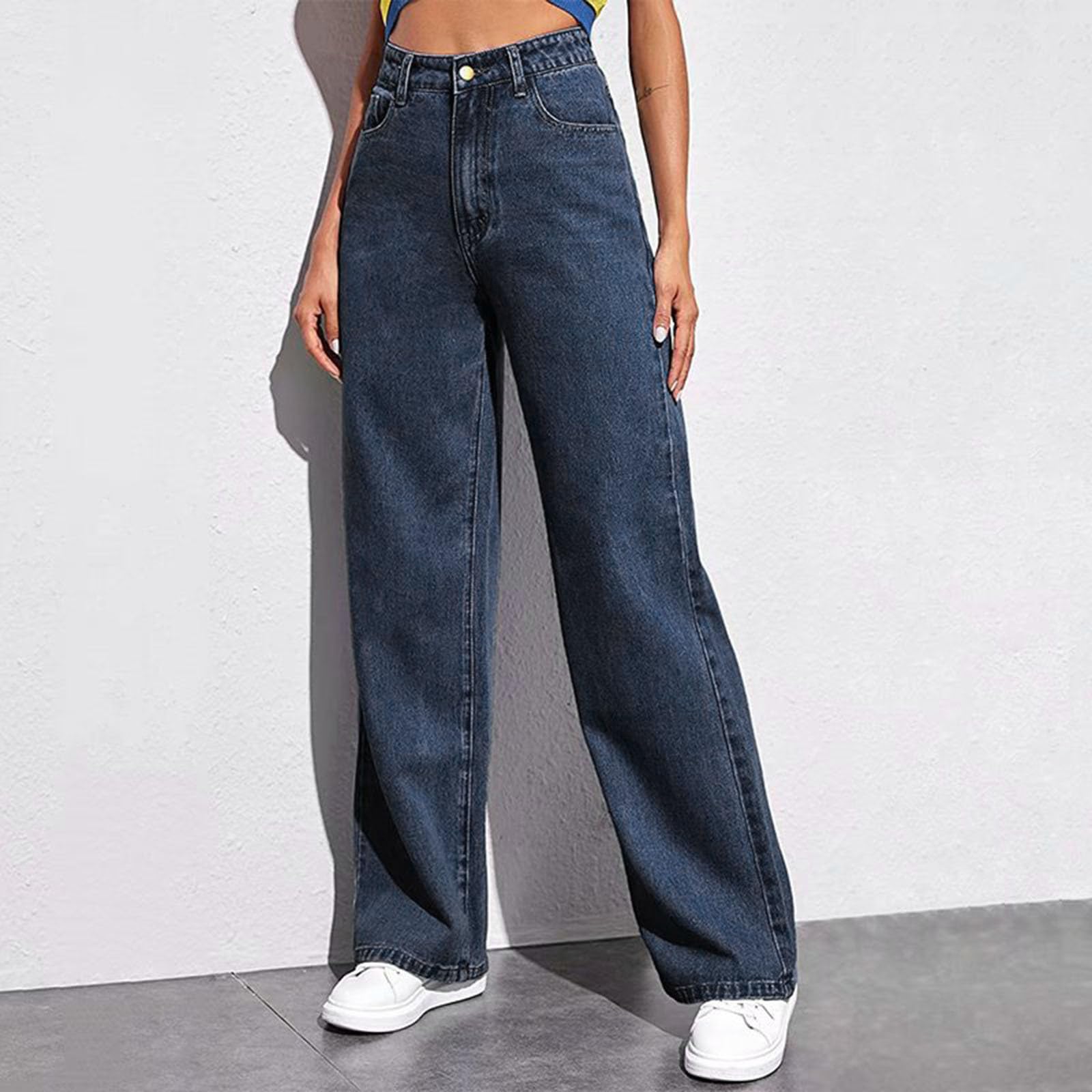 Wide Leg Jeans da donna a vita alta, elasticizzati, Baggy Straight Boyfriend, jeans vintage, a gamba larga, per il tempo libero, Y2K, Denim Palazzo, con tasche, jeans da donna