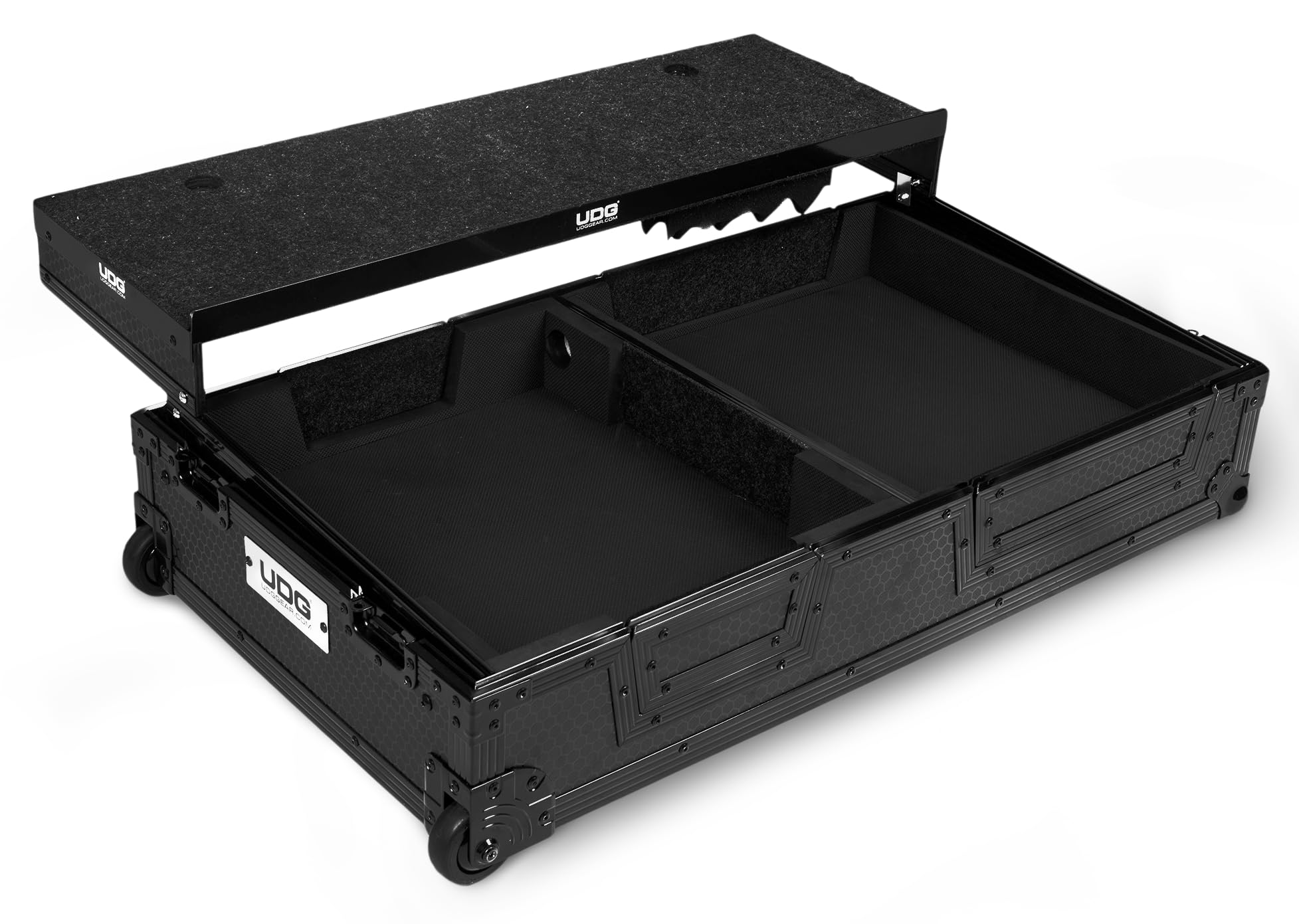 UDG Ultimate Flightcase für Turntable Battle/PLX-CRSS12 und Mixer, Schwarz | 9-mm-Sperrholzschale; Schmetterlingsverriegelungen; integriertes Laptopfach; Trolley- und Radsystem; Schauminnere