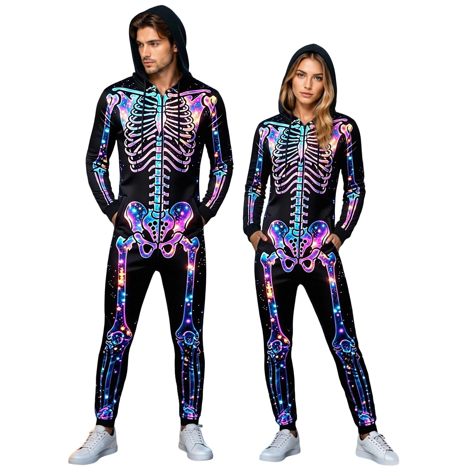 Skeleton Costume, Halloween Costumes Men Skeleton Onesie Adult Horror Skelettkostüme Zip-Up-Kapuze Hooded Jumpsuit Pyjama Nachtwäsche Homewear Fancy Dress Cosplay Kostüm