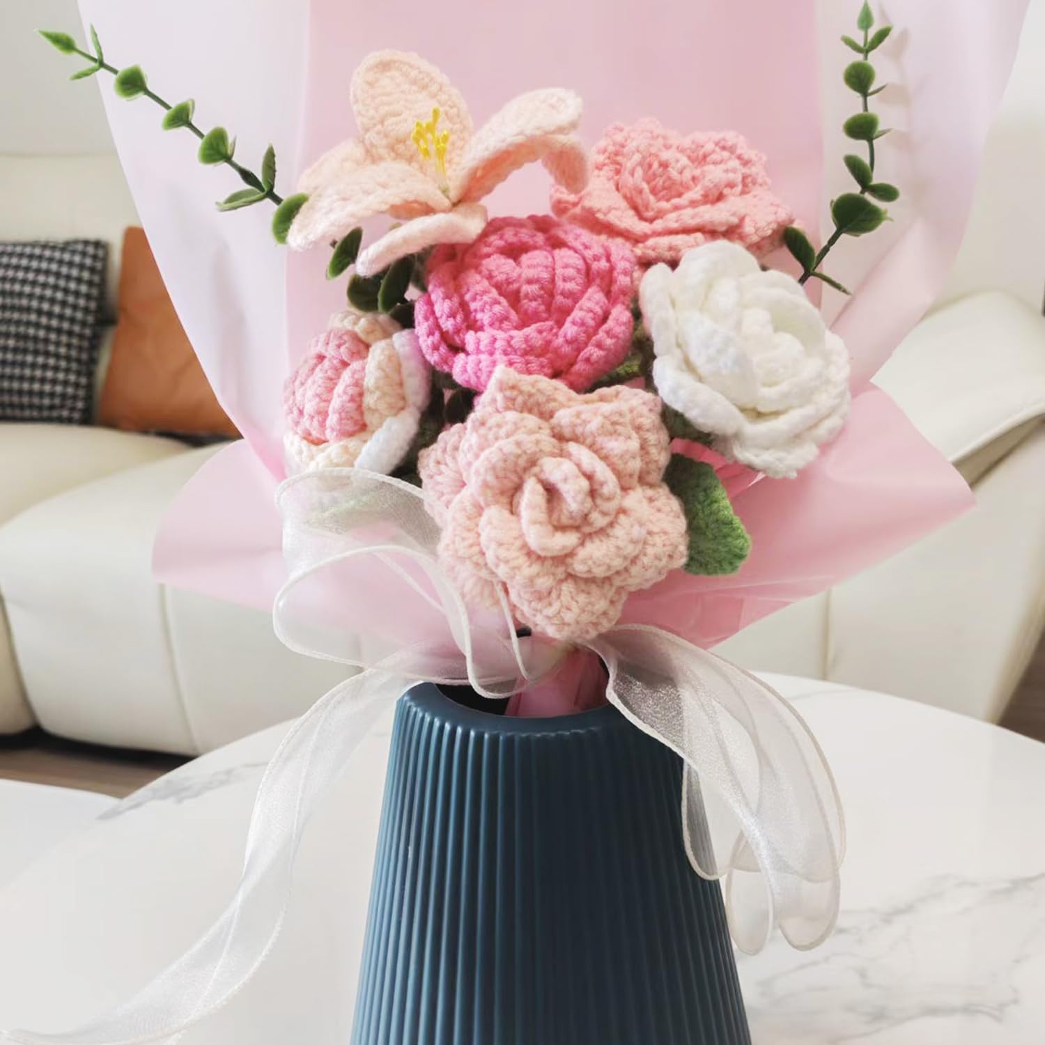 Marvogo Handmade Crochet Sunflowers Rose Daisy as a Gift for Lover, Family,Friends. Crochet Bouquet, Crocheted Yarn Flowers, Artificial Flower Finished Bouquet (Pink)