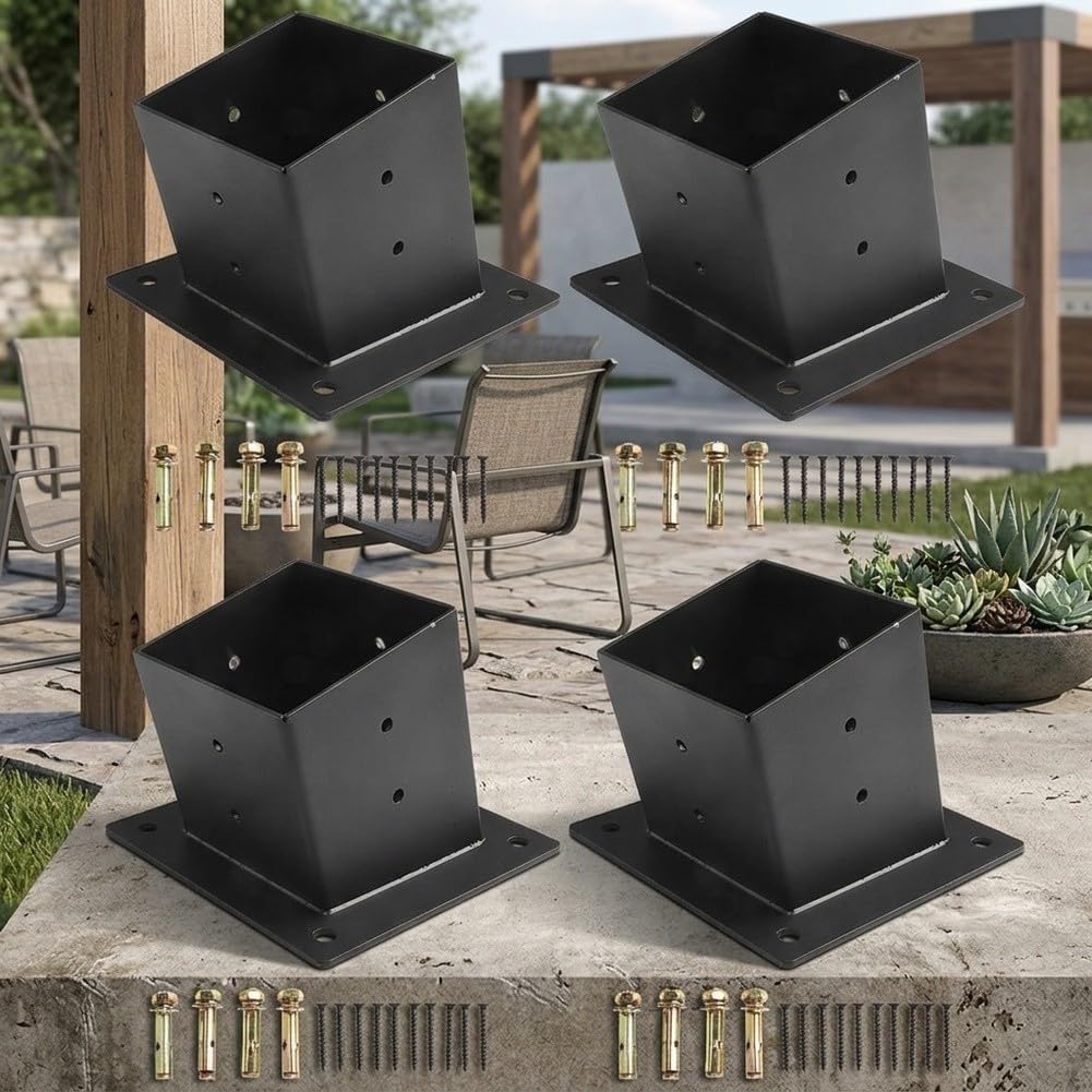 Schrägdach Pergola Wandhalterung für 4x4 Zoll Stahl Schwarz Schrägdach(4pcs) | Für Schrägdächer, stabile Stütze, schwarze Pulverbeschichtung, passt auf für 4x4 Pfosten, inkl. Montageschrauben
