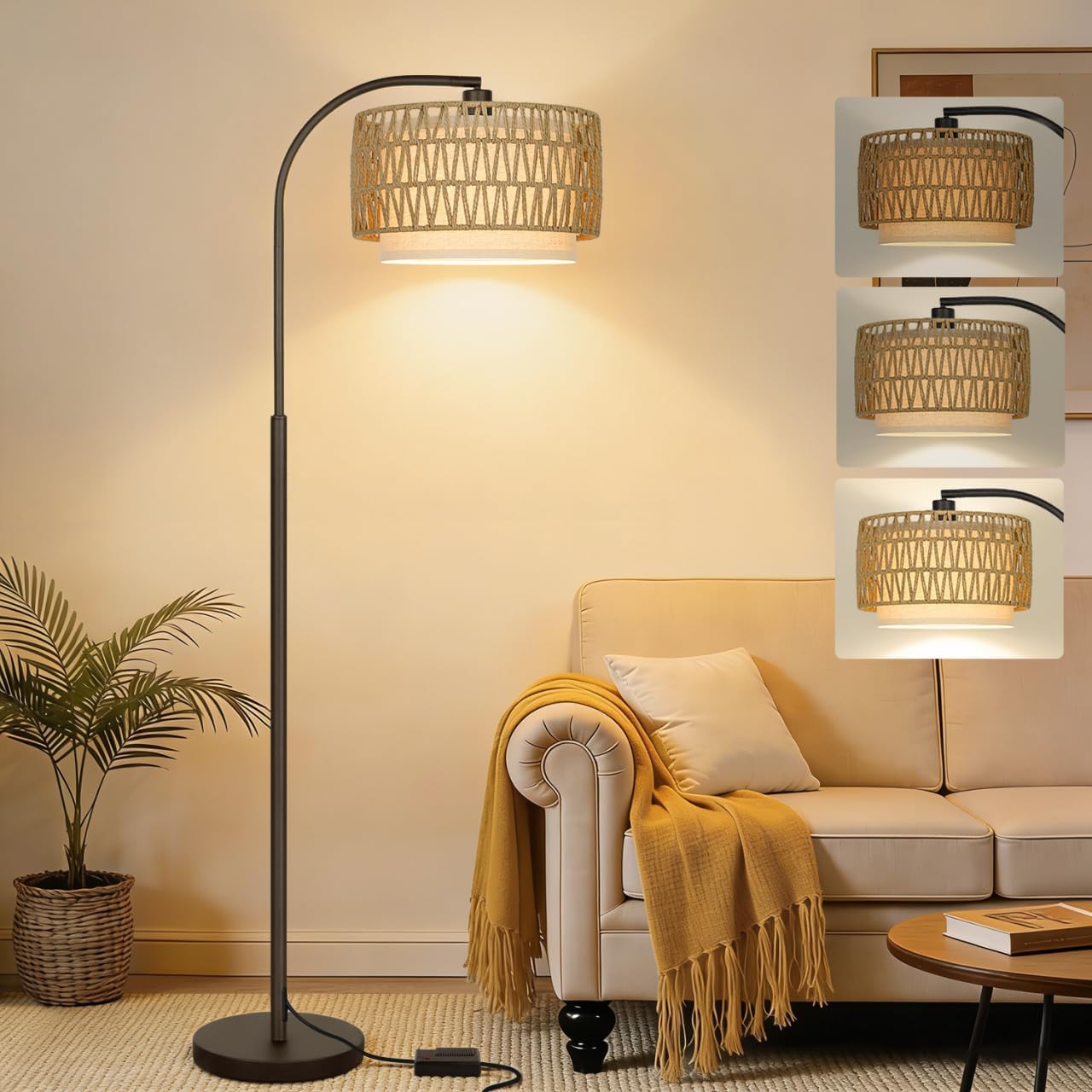 Rattan Floor Lamp, Dimmable Boho Floor Lamp, Farmhouse Arc Standing Lamp with Adjustable Rattan & Fabric Shades, Modern Lamp Tall Lamp for Living Room Bedroom Office Reading Room, Bulb Included
