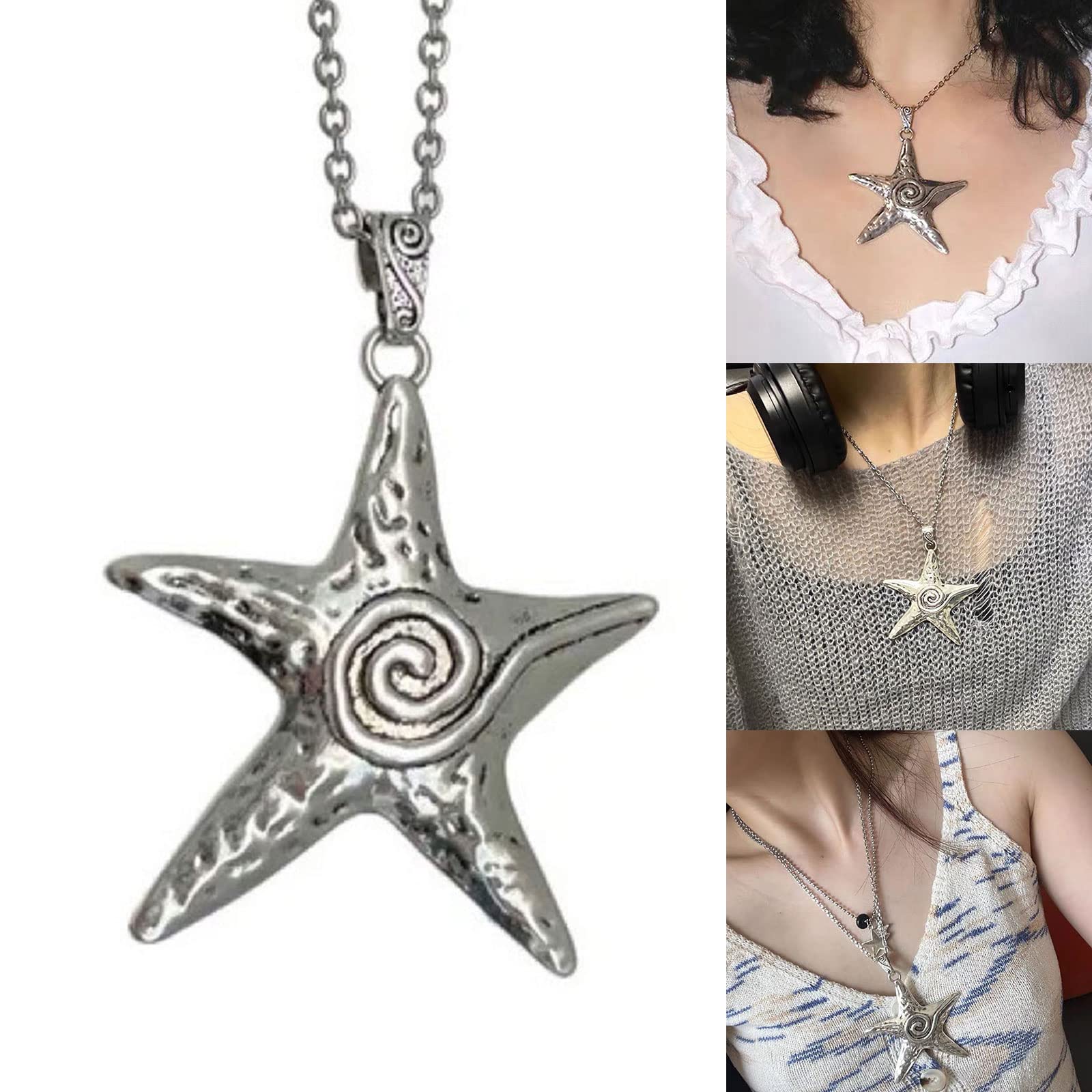 Collier Long Pendentif étoile Noir Strass - Style Hip Hop Punk Pour Femme