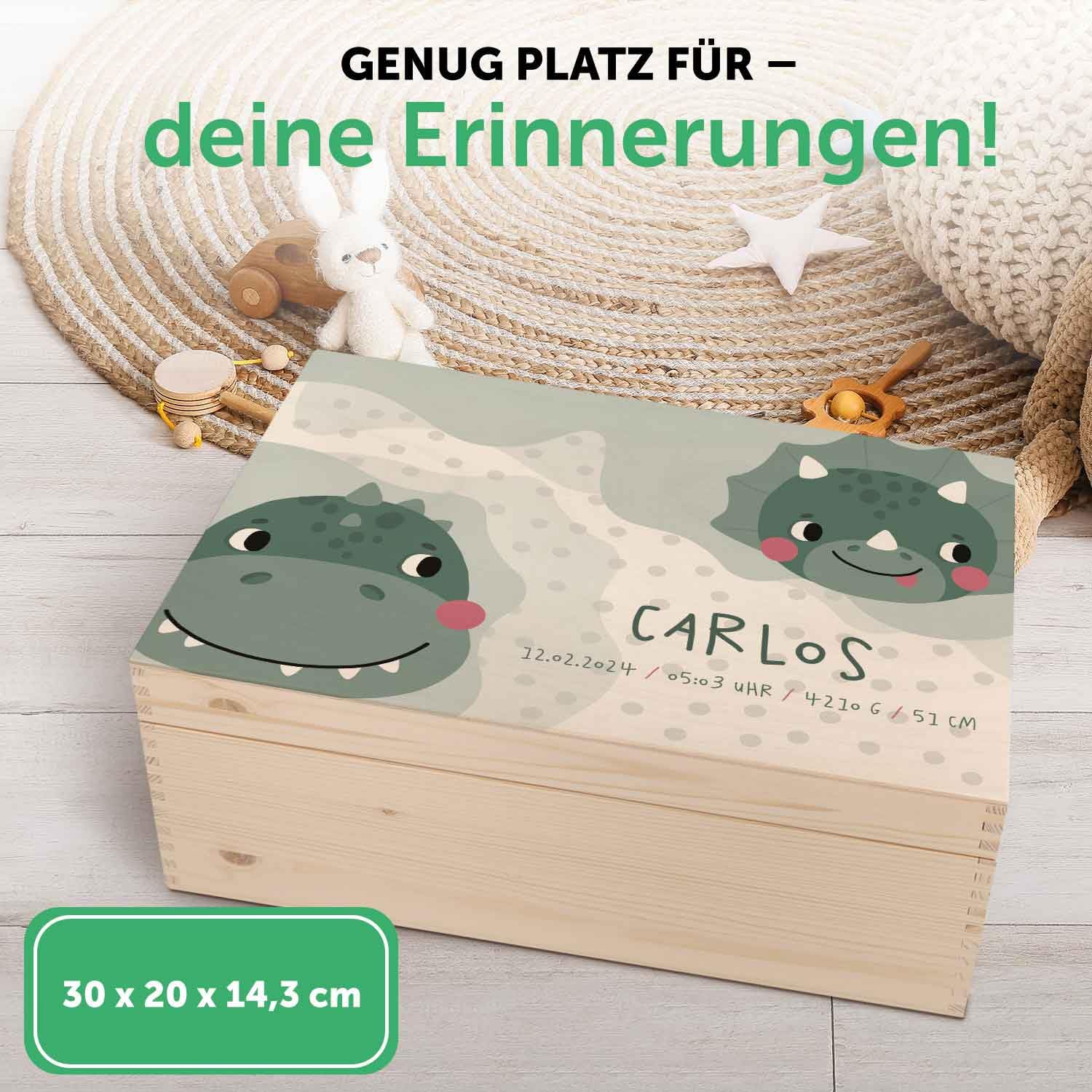GRAVURZEILE Personalisierte Erinnerungskiste für Babys - Dino Motiv - Personalisiert mit Name & Datum - Holzkiste für Mädchen & Jungen - Geschenk fürs Baby zur Geburt - Erinnerungsbox für Neugeborene
