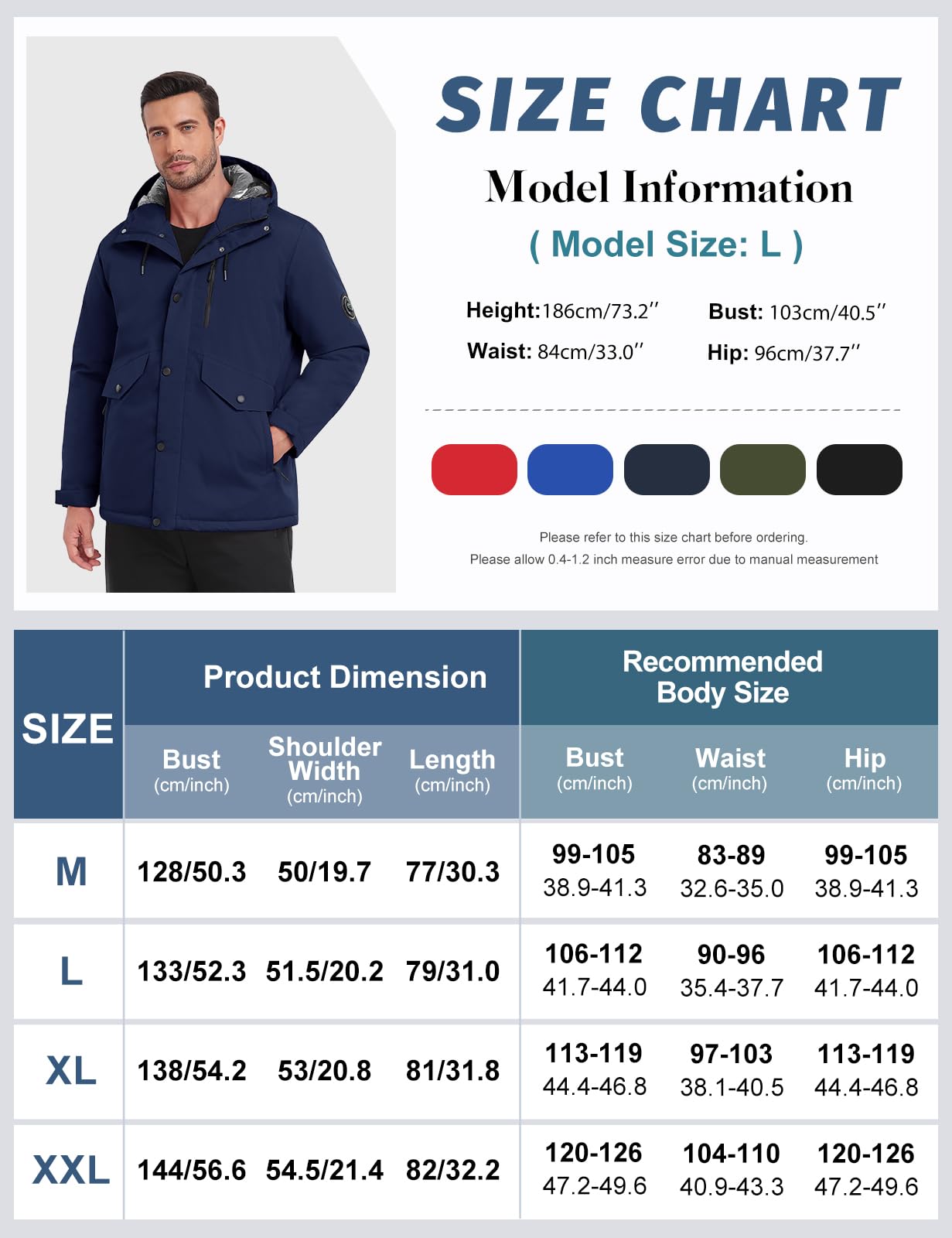 TOMEEK Manteau Homme Veste Ski Imperméable Coupe Vent Hiver Chaud Blousons Homme de Combinaisons de Ski Mesure la Température Possible Avec Capuche et Boussole