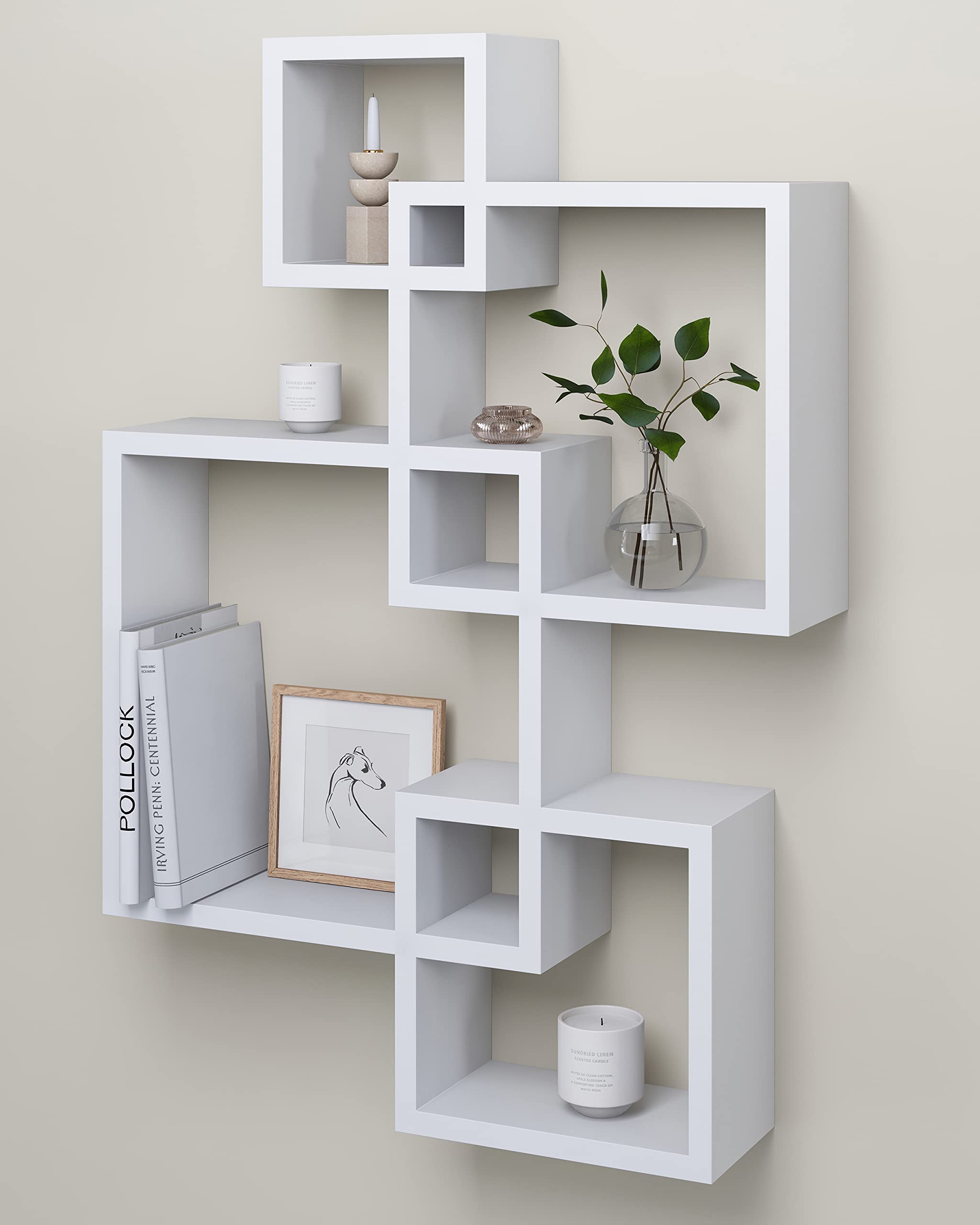 Greenco White Floating Cube Intersecting Mounted Wall Decor Square Shelves for Bedrooms, Living Room