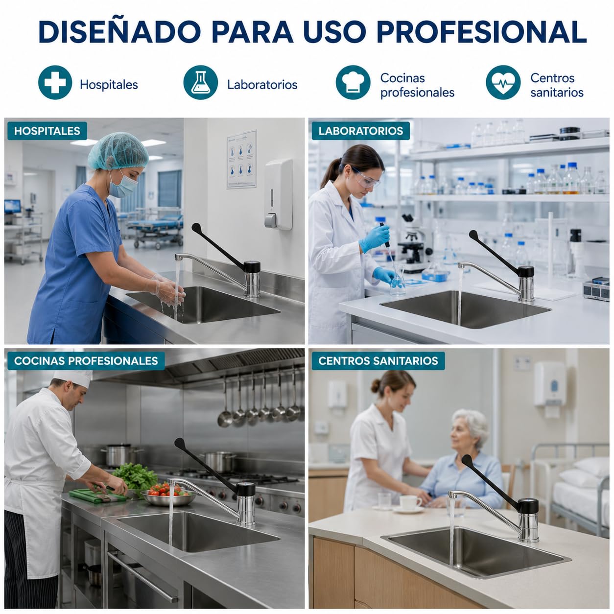 GOLDMAN SERVICE | Grifo de Codo Gerontológico Monomando, Palanca Larga 30 cm, Caño 360°, Grifo Sanitario e Higiénico para Hospitales, Clínicas, Laboratorios y Cocina Profesional
