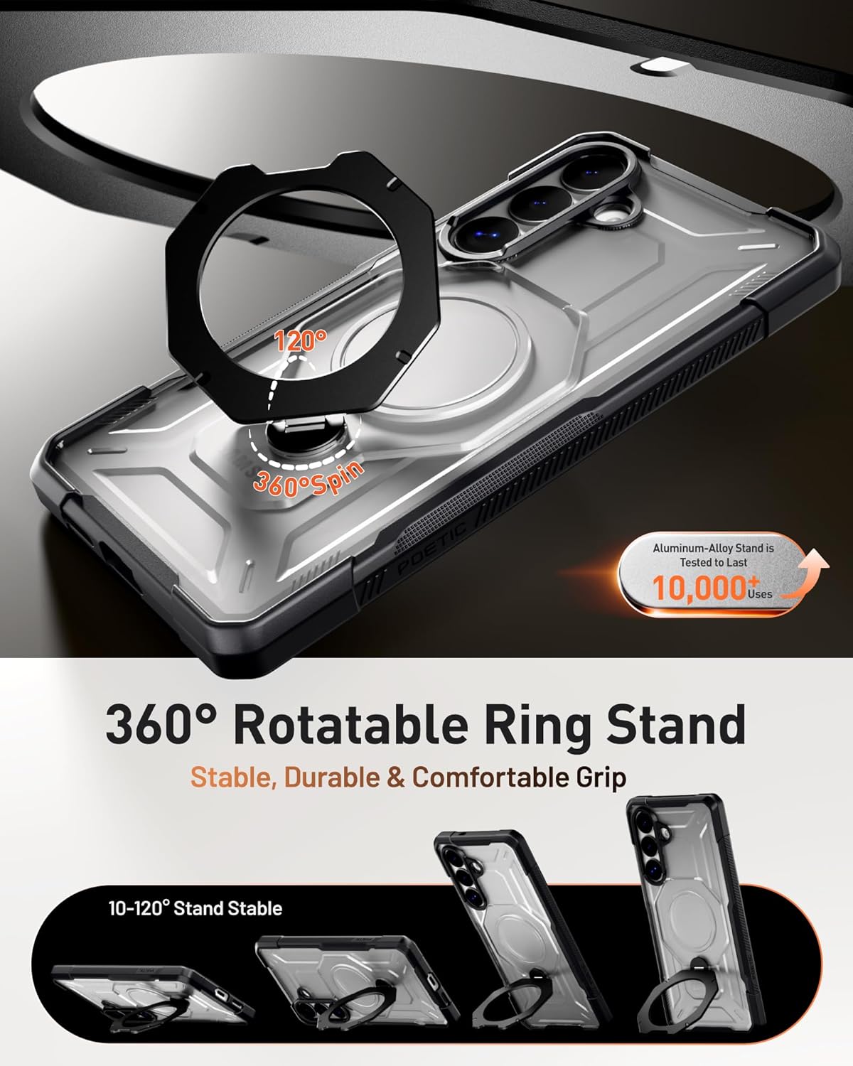 Poetic for Samsung Galaxy S26 Case | 360° Rotate Magnetic Ring Kickstand | Compatible with MagSafe | Military Grade Drop Proof Protection Cover | Tempered Glass Screen Protector | Black/Clear