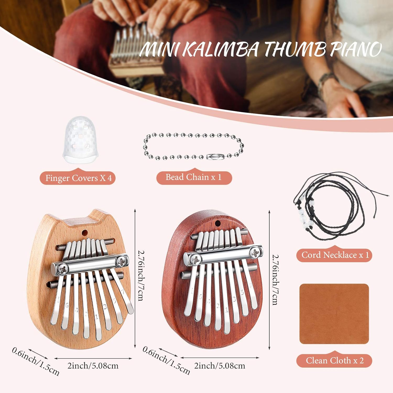 eBoot 10 Pcs 8 Keys Mini Kalimba Piano Set Include Thumb Piano with Lanyard Chain Finger Protector and Cleaning Cloth Wood Finger Pianos Gift for Adults Beginners(Wood,Oval, Cat Shaped)