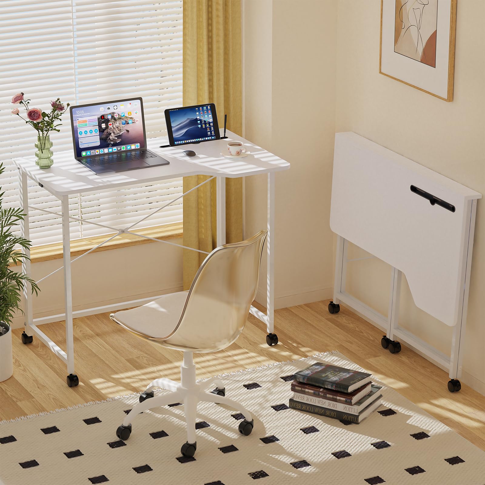 PIPIPOXER 90x56x75cm Scrivania Pieghevole con Ruote, Scrivania Computer con Slot per Schede, Scrivania da Ufficio per Studenti e Lavoratori, Tavolo da Scrivania Pieghevole,Struttura in Metallo,Bianco