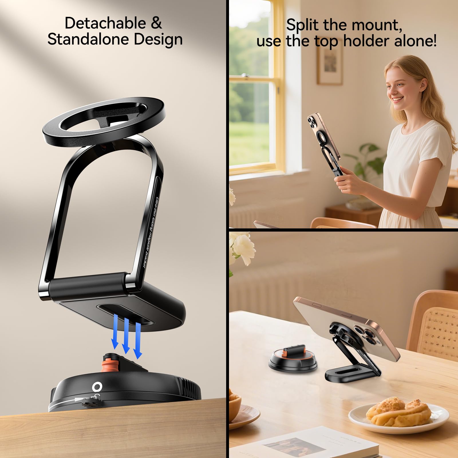 Soporte magnético de vacío ajustable de 360° para autos/ducha/espejo/gimnasio/cocina/baño, [soporte de teléfono desmontable] [succión fiable] Soporte de teléfono con ventosa compatible con iPhone y