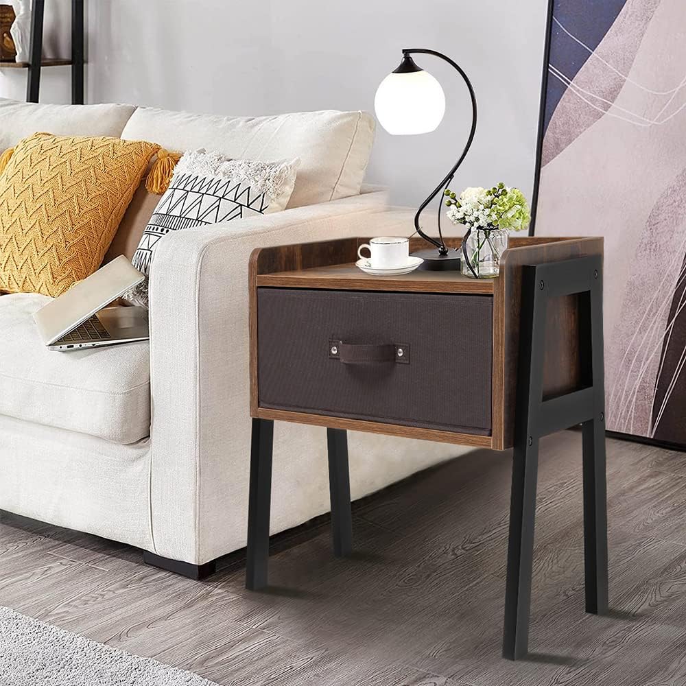 Exсluѕіvе IWELL Nightstand Set of 2 with Drawer, Side Table with Wood Legs, End Table for Bedroom, Rustic Brown
