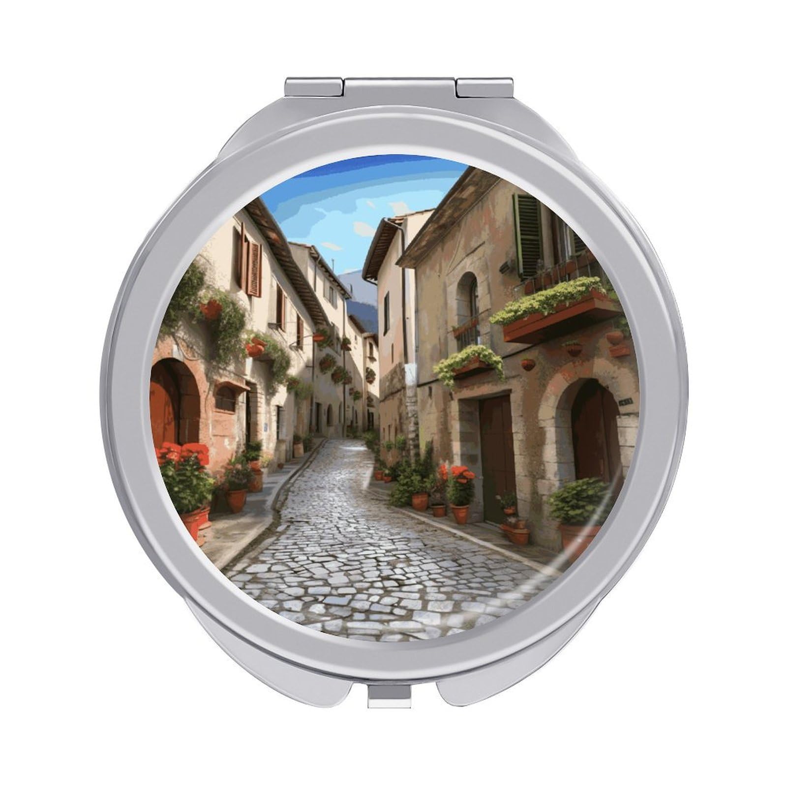 Fekiloot Style Italian Town Street Travel Makeup Mirror Handheld Compact Mirror Portable Pocket Mirror Double-Sided 1X/2X Magnifying For Handbag And Purses