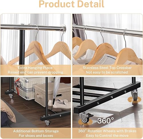 Miniatura 37 de Perchero de ropa resistente de 55.51 pulgadas con ruedas y estante inferior, perchero con ruedas y estante inferior, percheros de ropa de capacidad