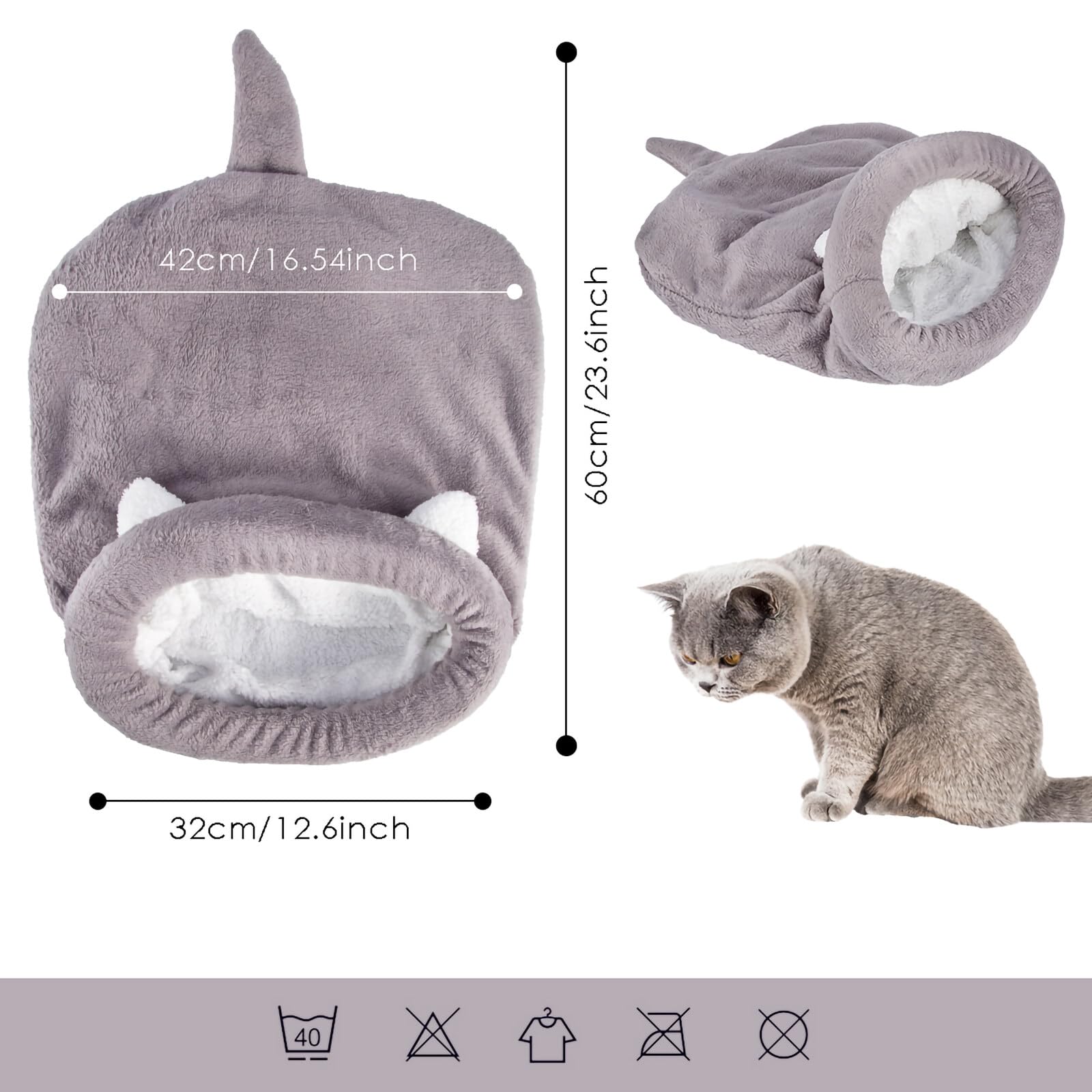 NCONCO Sac de couchage pour chat, chat - Chaud et confortable - Auto-chauffant - Grotte à moitié couverte - Pour chats et chiots (gris, M)