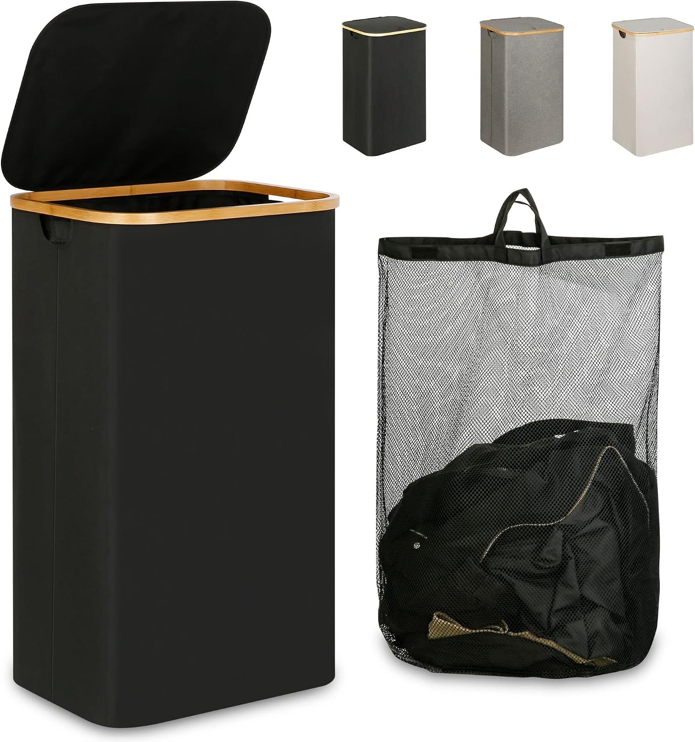 100L Foldable Laundry Basket with Lid & Removable Mesh Bag, Large Clothes Hamper with Bamboo Frame & Handles, Fabric Laundry Bin for Bedroom, Bathroom & Laundry Room (Black)-image-30