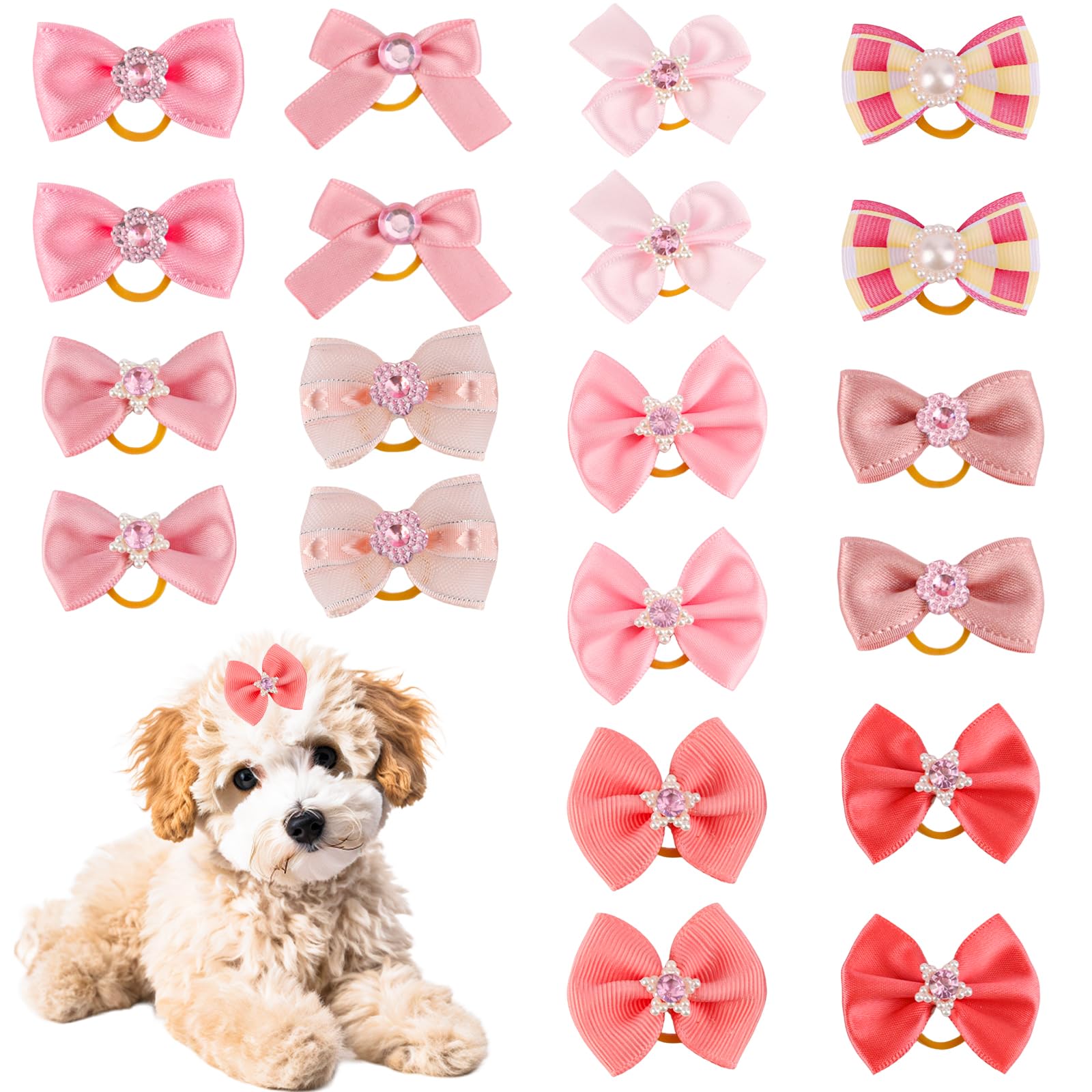 20pcs Small Size Dog Hair Bows with Rubber Bands, Elastic Puppy Hair Clip Multiple Style Hairband Dog Bow Hair Tie Handmade Cute Grooming Girl Yorkie