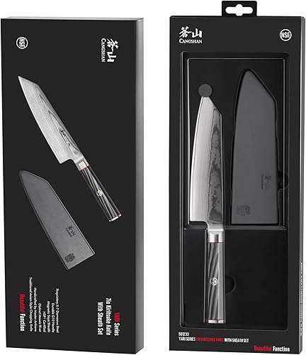 Miniatura 7 de Cangshan YARI Series X-7 Cuchillo Kiritsuke de acero Damasco de 7 pulgadas con funda