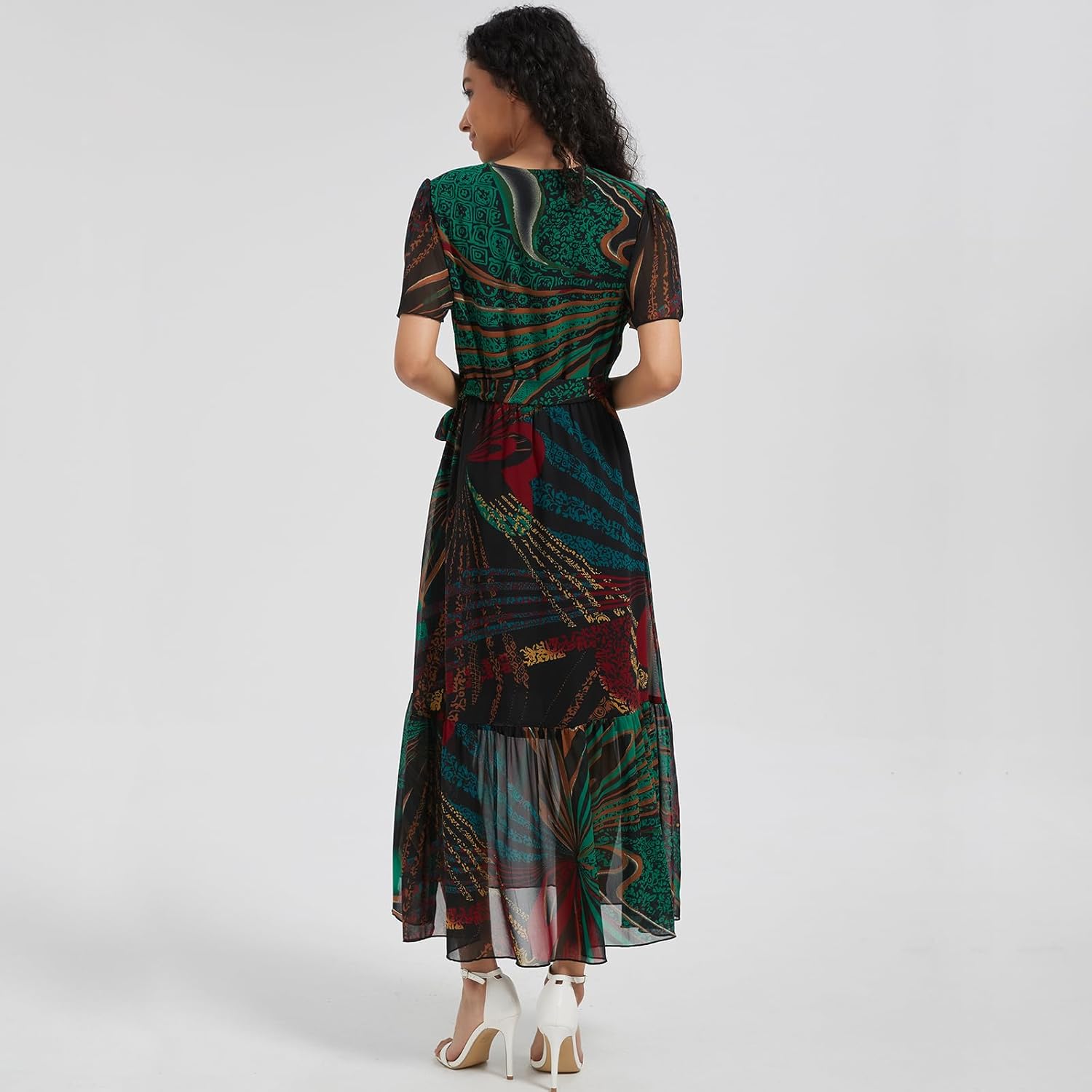 Women's Summer Bohemian Floral Chiffon Dress Cap Sleeve V Neck Ruffle Long Flowy Boho Casual Vacation Dresses - Image 5