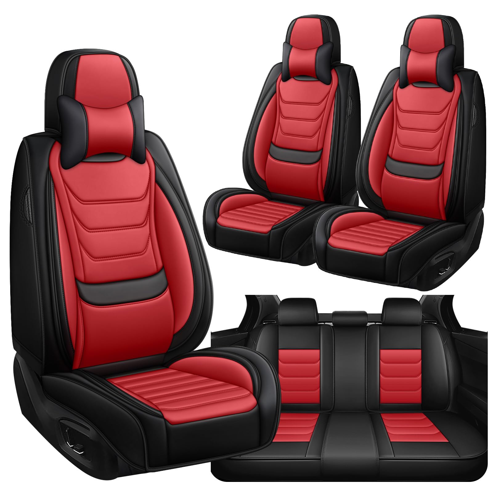 Car Seat Covers for Cadillac Escalade 2000-2025, Luxury Nappa Leather Automotive Seat Covers, Anti-Slip Breathable Seat Cushion with Memory Foam Lumbar Support, 5 Seats with Pillows, Black Red