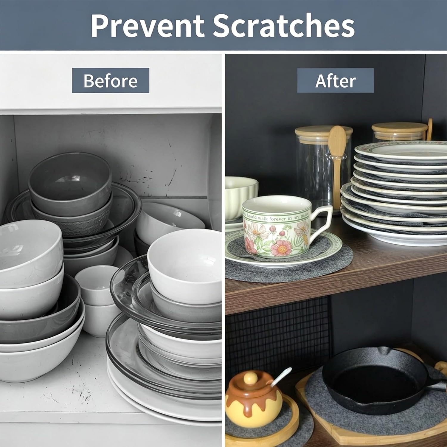 45 Pack Felt Plate Dividers, Dish Protectors for Stacking | Scratch Resistant, Plate Separator Pads, For China Dishes, Cups, Saucers, Pans,3 Sizes,Gray