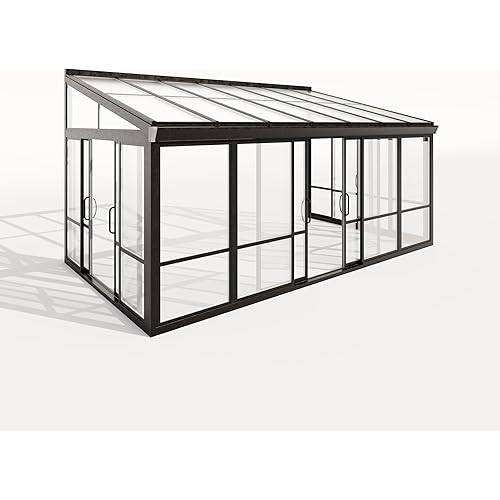 Sliding Glass Door Sunroom & Solarium Gazebo, 16.7 ft Wide Modern Outdoor Enclosure with Tempered Glass Panels, UV-Blocking Polycarbonate Roof, All-Season Metal Frame Patio Sun Room (Black)