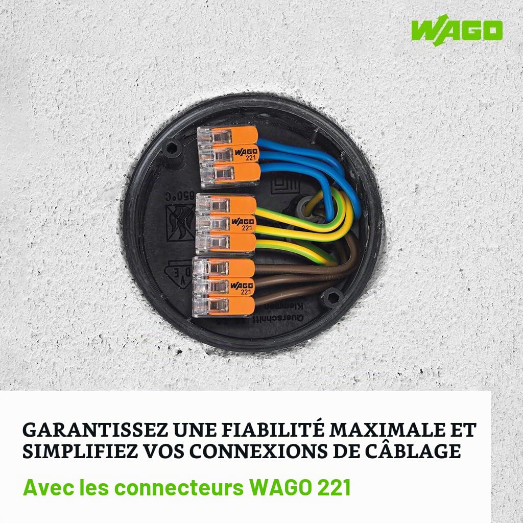 Wago 221-413 Lot de 50 boîtiers de raccordement avec leviers 3 connecteurs 12 V 220 - 240 V | Connecteurs compacts transparents pour fils rigides et souples, boîtiers de raccordement 4 mm², usage 12 V et 220 V.