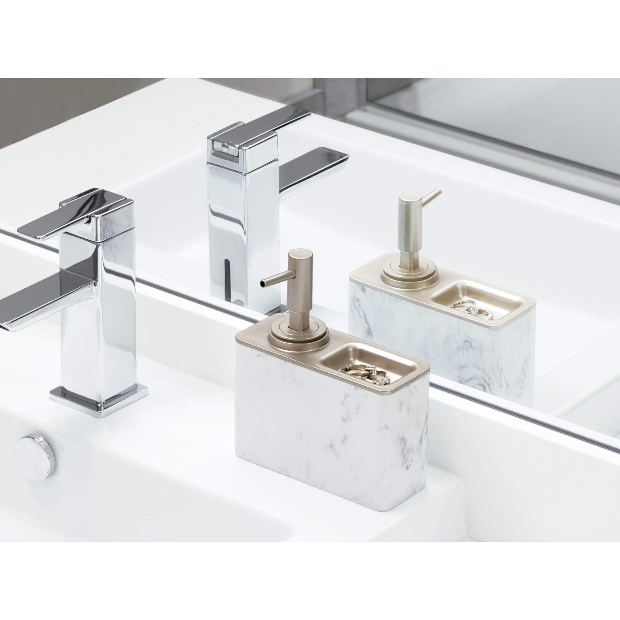 iDesign Dakota Resin Marble Pump with Ring Tray, Liquid Soap Dispenser Holds 10 Oz. for Bathroom, Kitchen Sink, Vanity