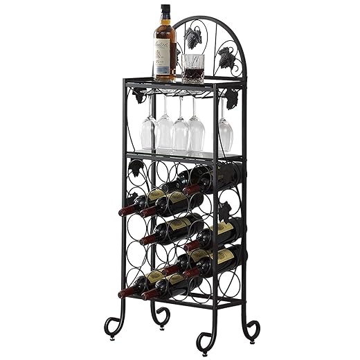 VECELO 20 Metal Wine Rack Table, Freestanding Floor Bottles Bar Storage & Display Holder, with Marble Finish, Black Glass Top