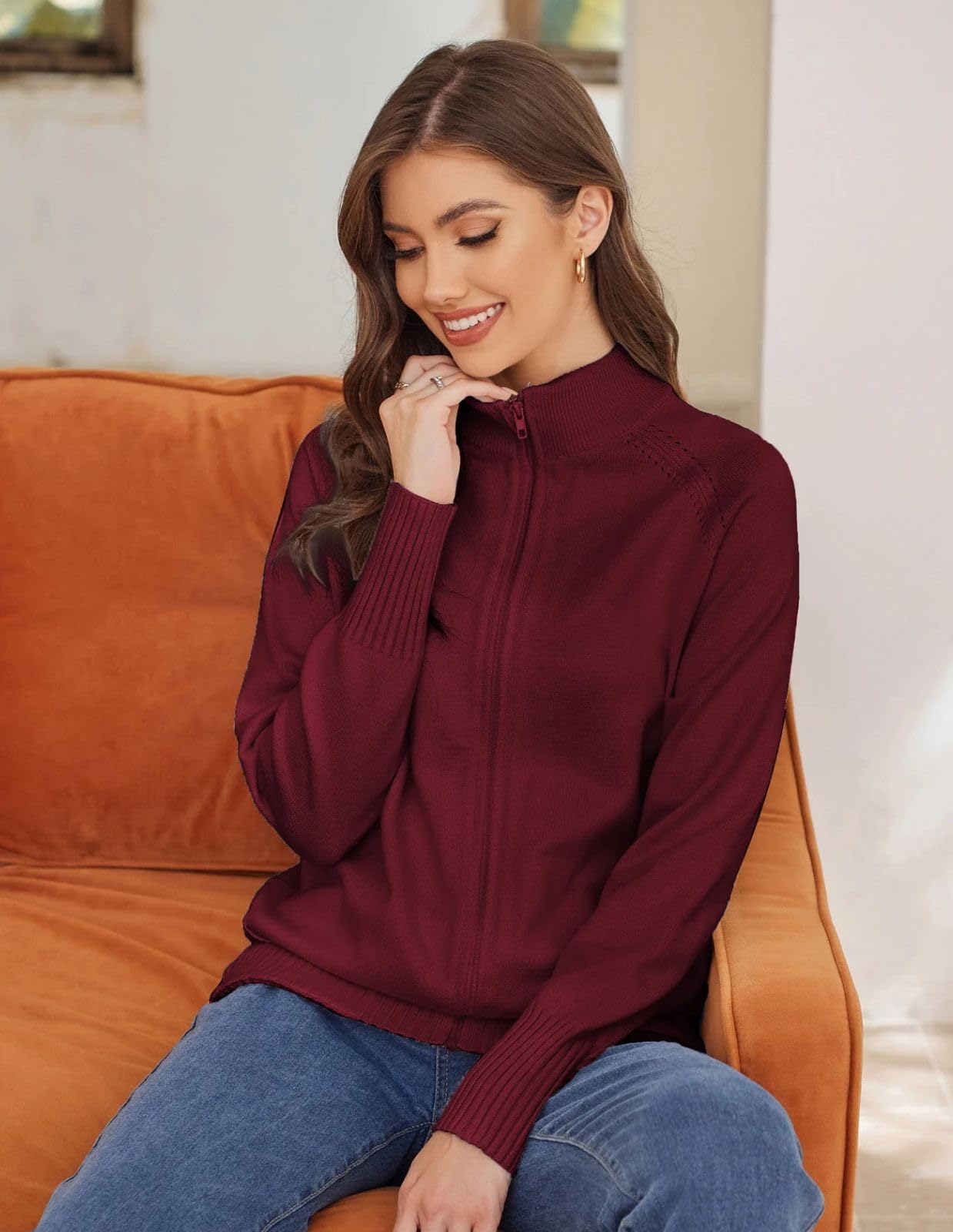 GRACE KARIN Cardigan da donna a maniche lunghe con cerniera e tasche, colletto alla coreana, con cerniera intera, giacche autunnali alla moda