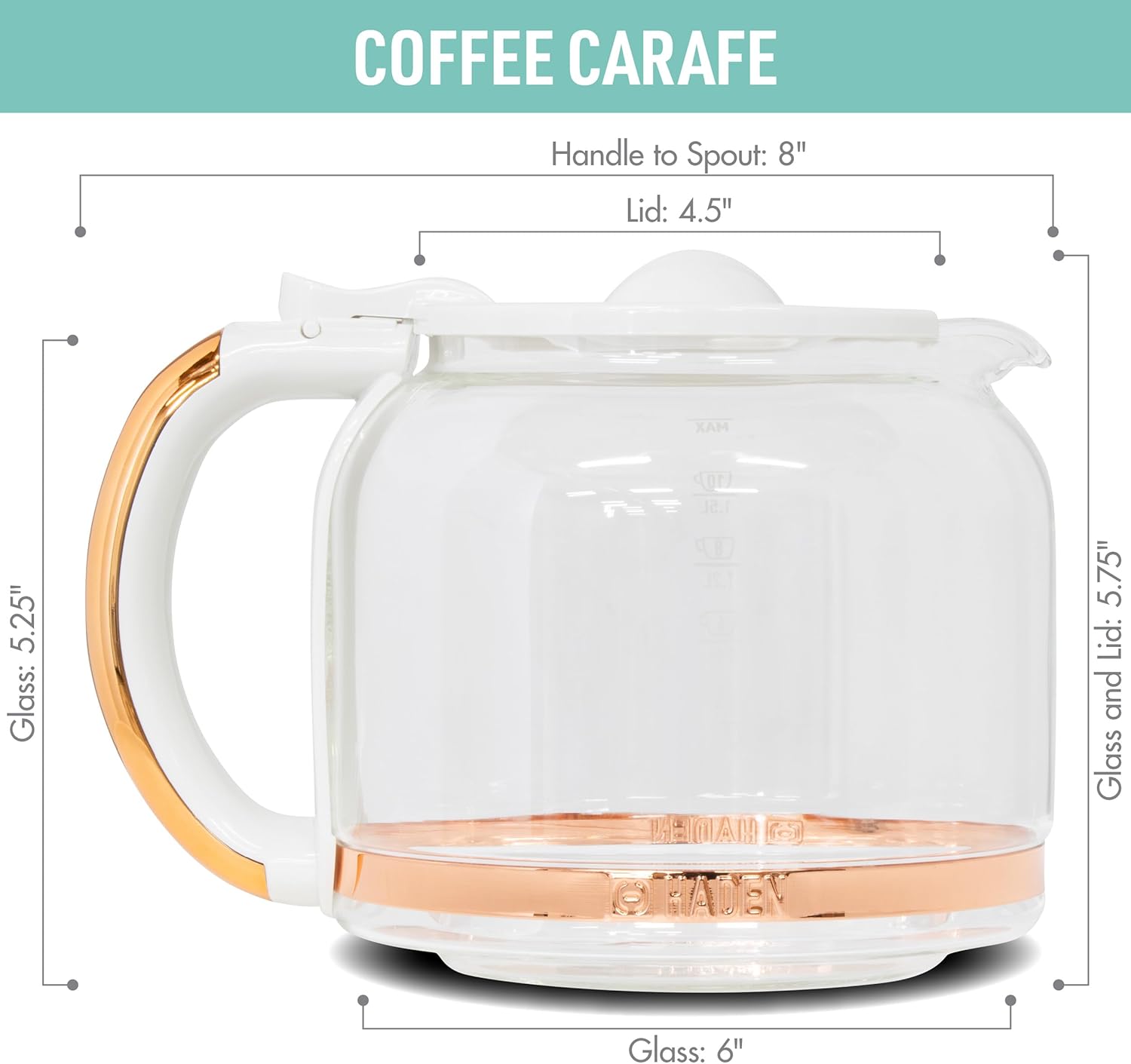 12-Cup Replacement Glass Carafe Pot with Lid for Heritage Coffee Makers, Ivory/Copper