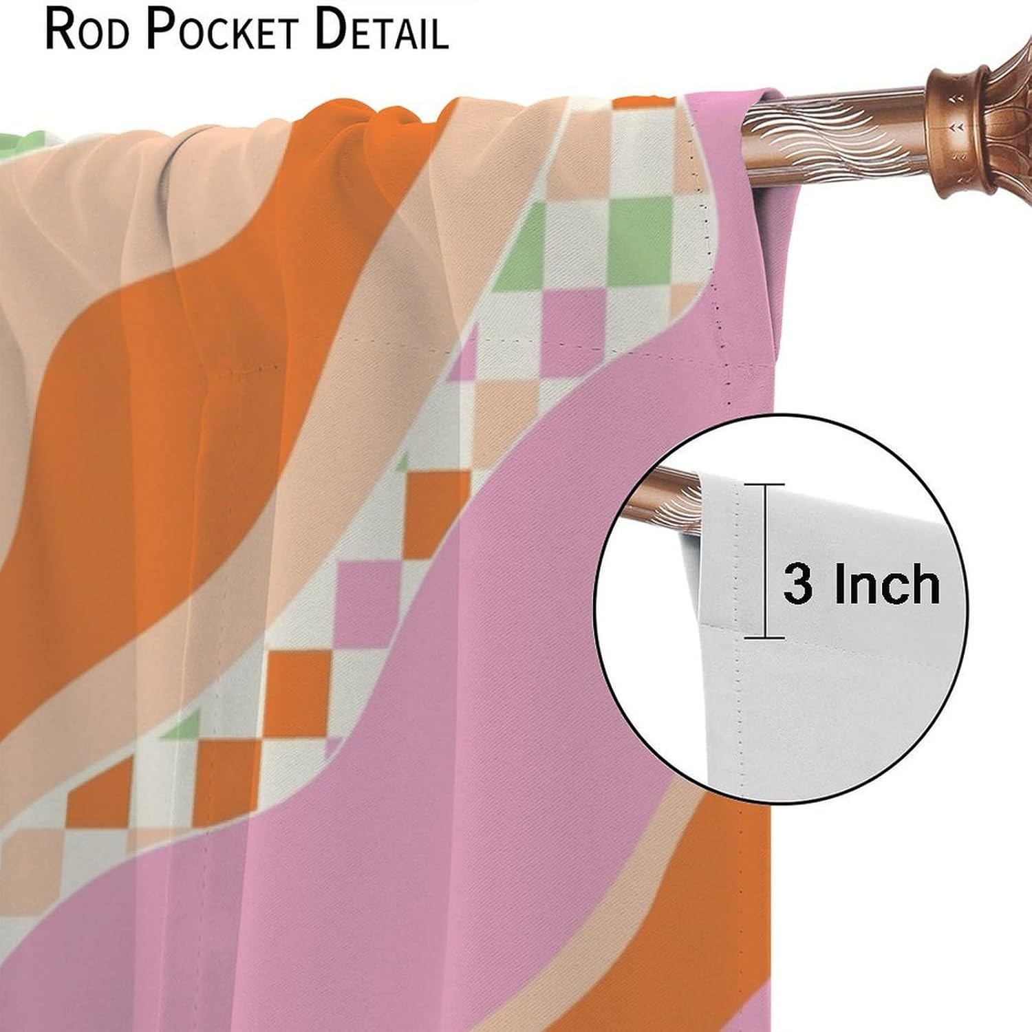 Retro Groovy Checkered Curtains, Boho Hippie 1970s Vintage Abstract Wavy Geometric Rod Pocket Blackout Window Treatment for Kitchen Bedroom Living Room 42" W X 45" L