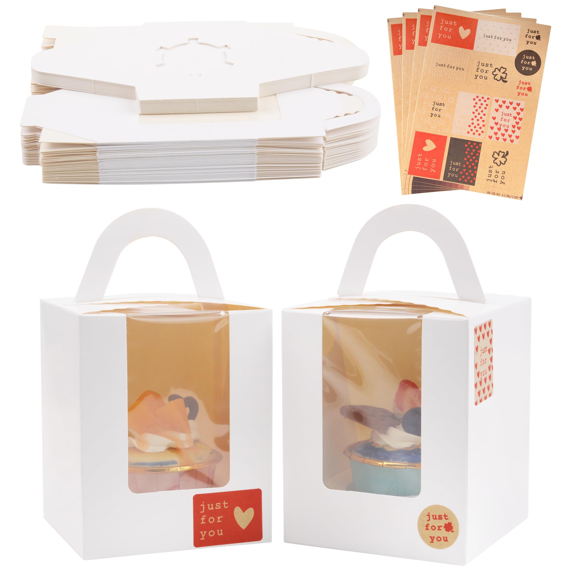 50pcs Individual Cupcake Boxes White Single Cupcake Box 1 Hole Cake Box with Clear Window Handle and 4 Sheets Stickers for Wedding Birthday Party Favors