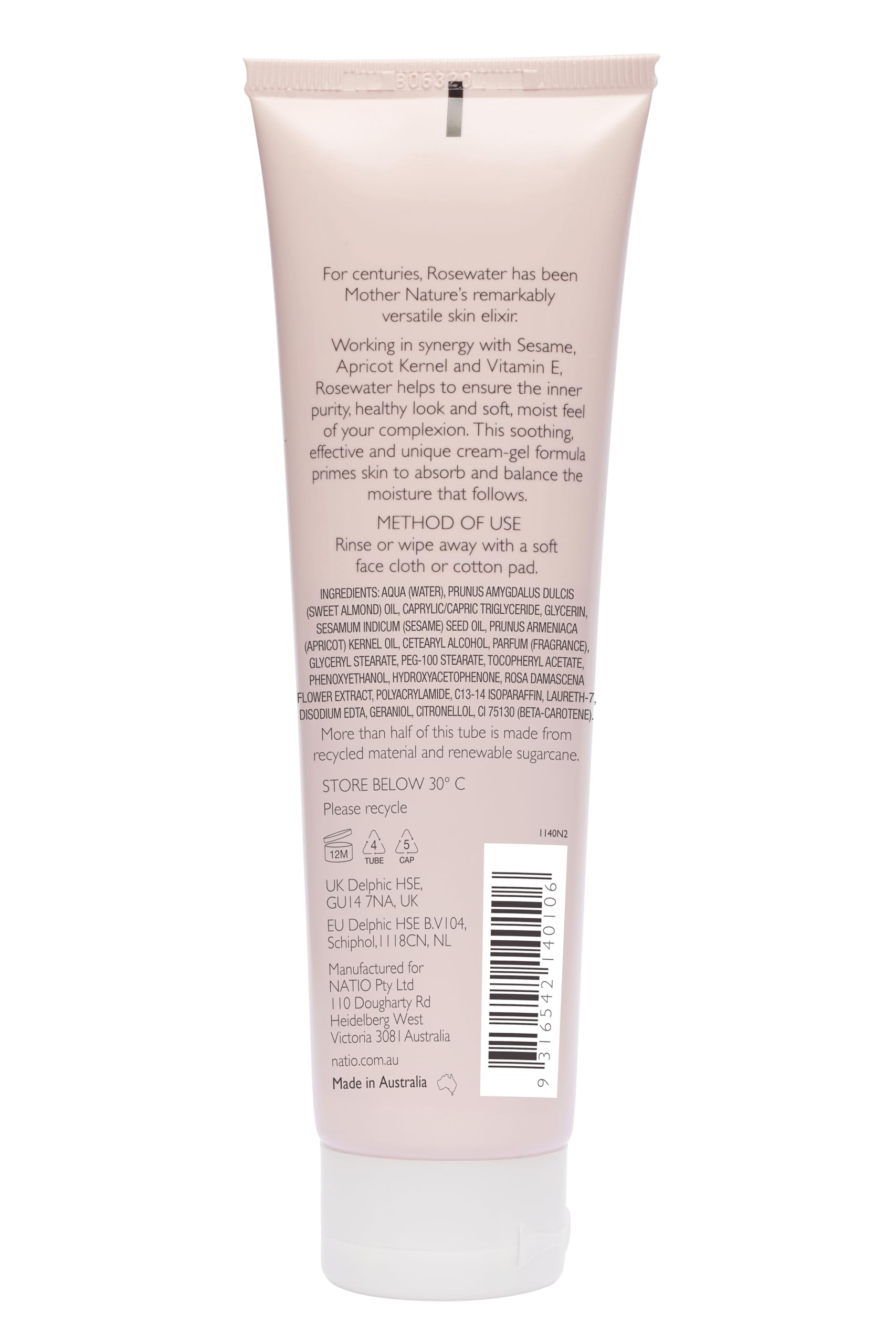 Natio Australia Rosewater Hydration Gentle Cream-Gel limpiador facial, 100 ml, limpiador facial con agua de rosas, lavado facial de tamaño de viaje para todo tipo de piel
