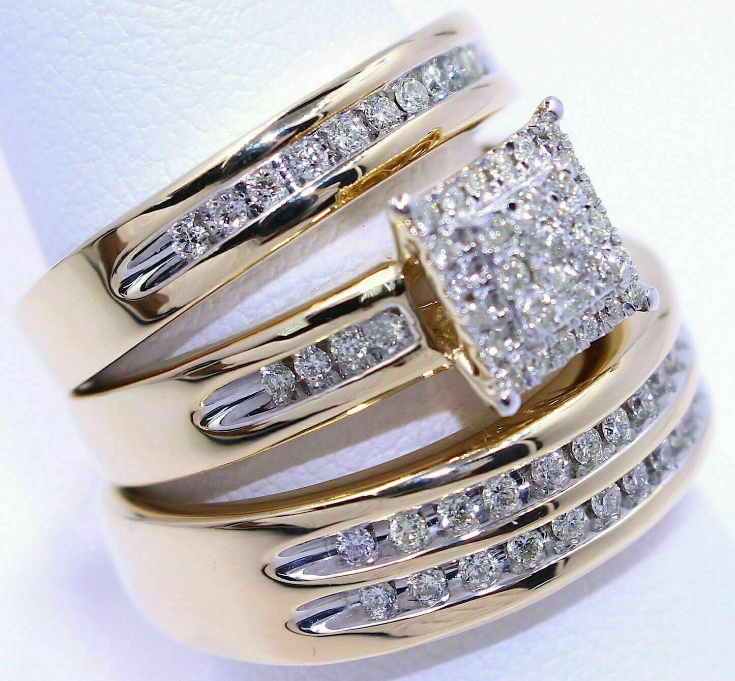 Ssjewel 3 CT Simulated Diamond Trio Set His Hers Wedding Ring 14K Yellow Gold Finish Handmade Anniversary Stackable Matching Gorgeous 925 Sterling Silver Ring Gifts