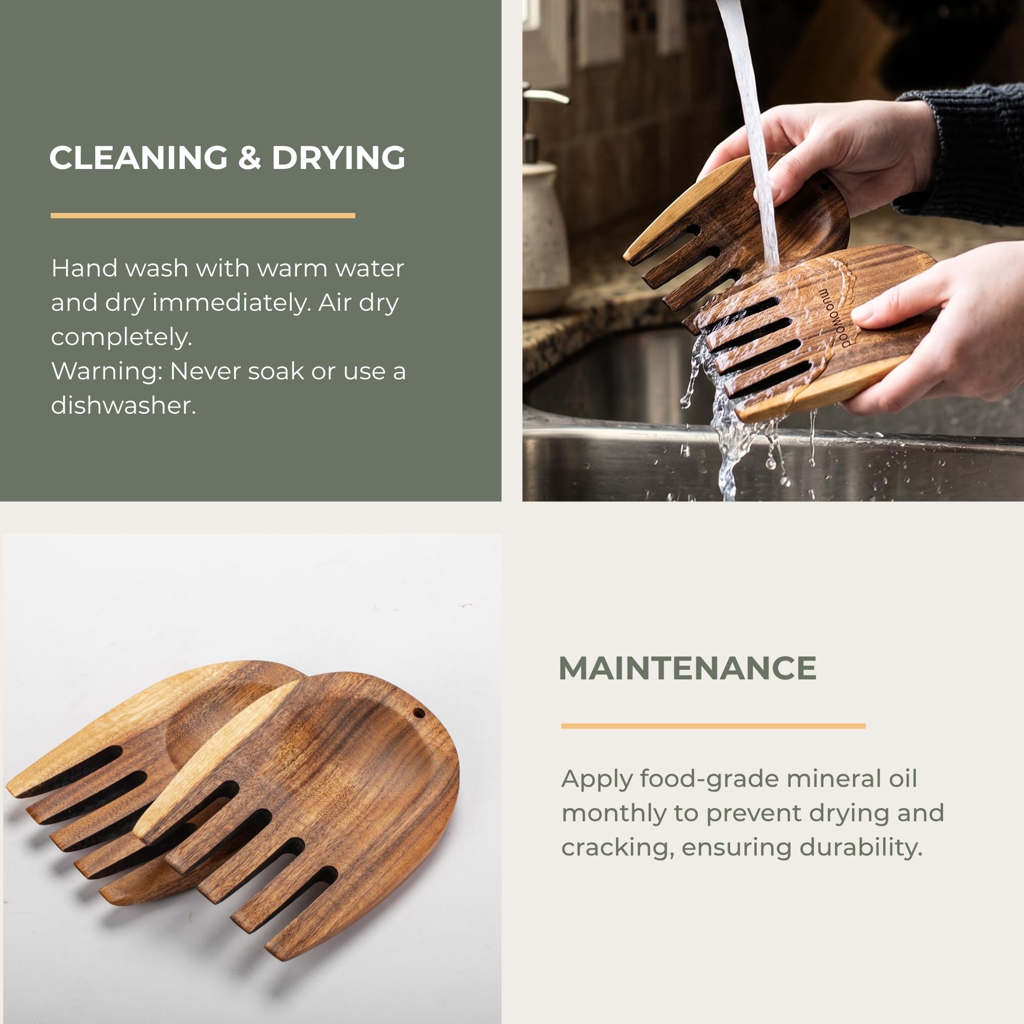 Muso Wood Manos de ensalada de acacia, pinzas de madera para servir mezclas de ensalada, juego para servir ensalada de frutas en tu encimera de cocina, 5.1 x 3.6 x 0.4 pulgadas, un par