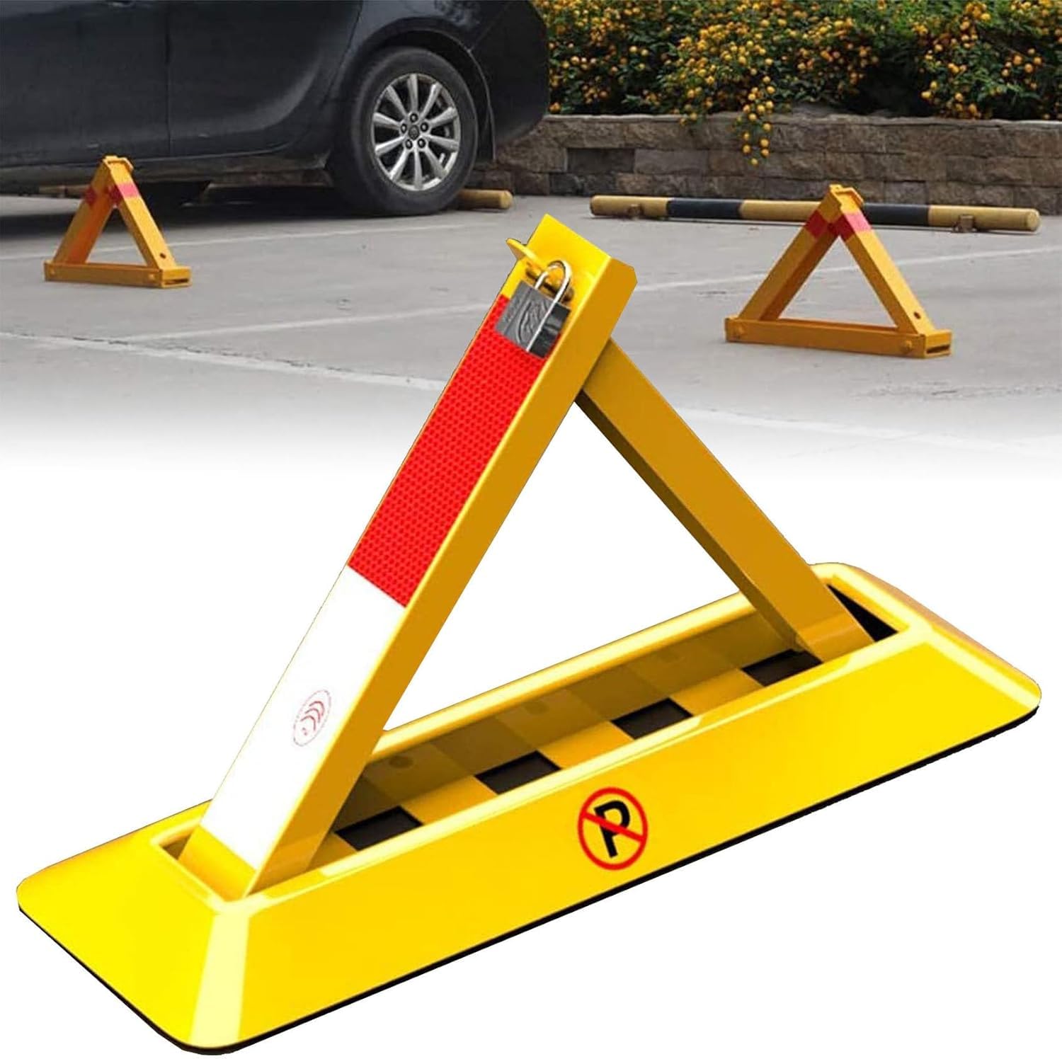 MYFTNP Folding Parking Barrier, Car Parking Pole Triangular, Removable Parking Space Lock, Manual Parking Blocker, Parking Security Bollards, Private Car Parking Latch Space Lock 60CM