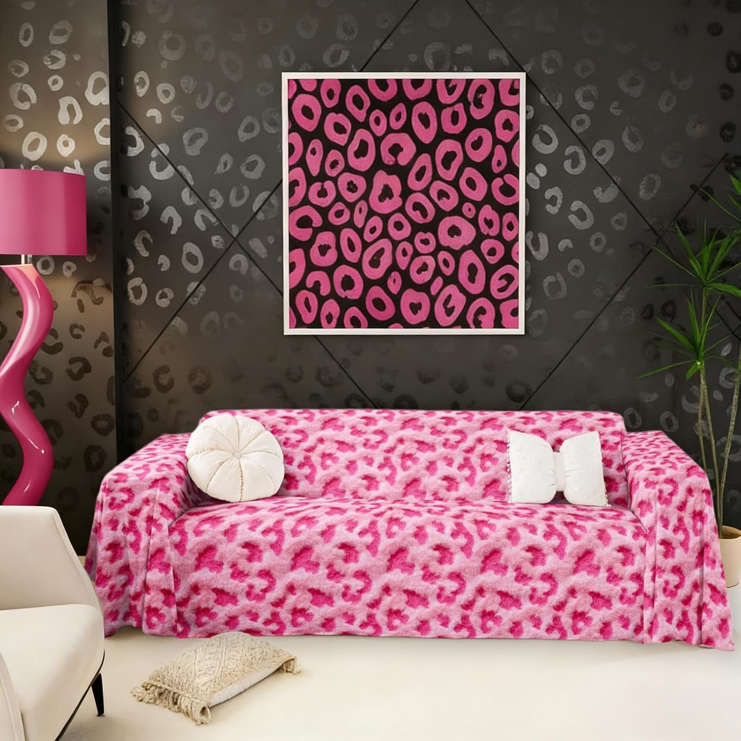 Hot Pink Cheetah Print Couch Covers for Sofa Leopard Spot Waterproof Furniture Protector for Pets, Animals Fur Hair Sofa Slipcovers African Wildlife Big Cat Hide Indoor Cat Couch Protector 91"x134"
