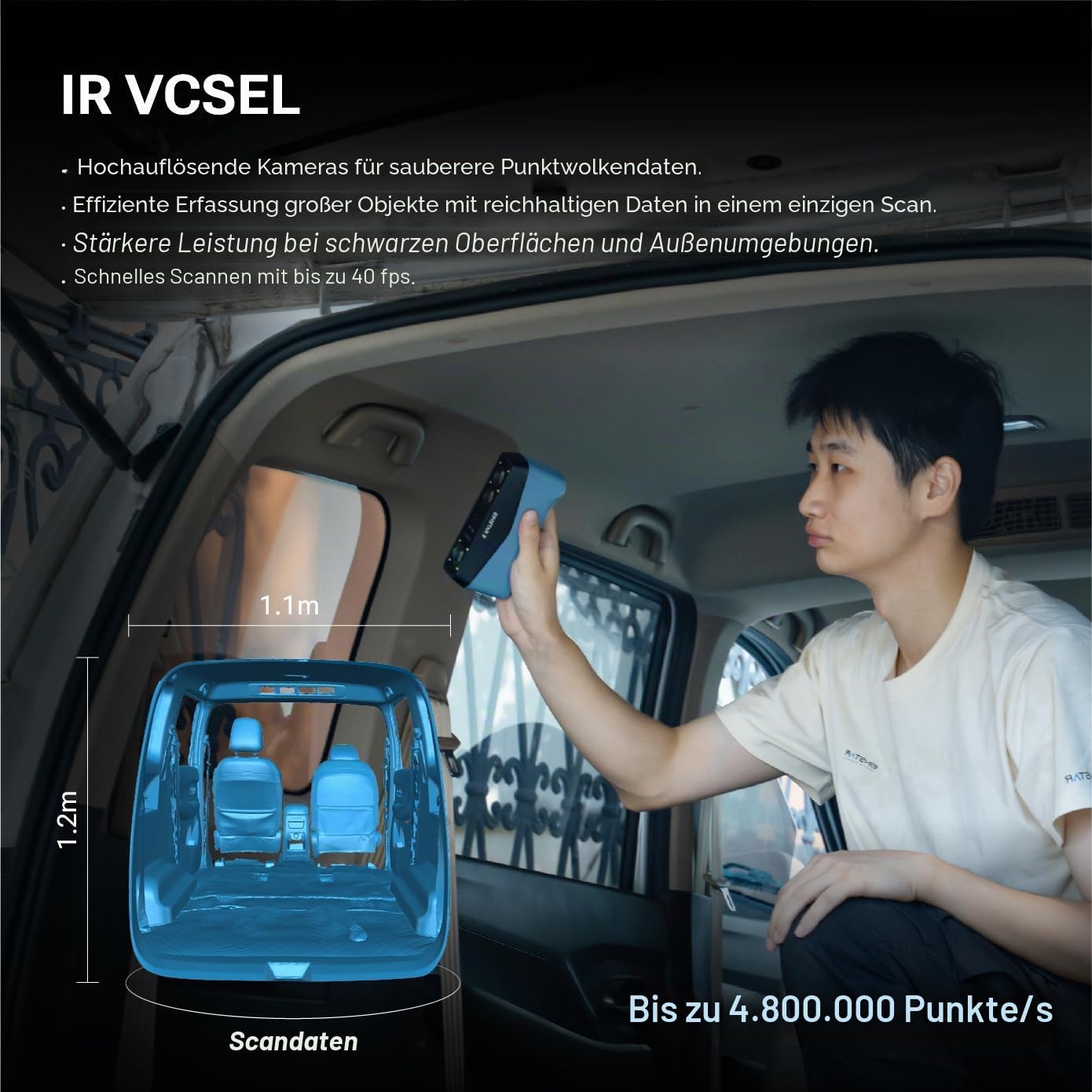 EINSTAR 2 3D-Scanner Kabellos, 17 Blaue Laserlinien & VCSEL-Infrarot, Sprayfrei Scannen auf Metall, 2.500.000 Punkte/s High-Speed, WiFi 6, 3h Akku, 3D-Laser-Scanner für CAD & 3D-Druck