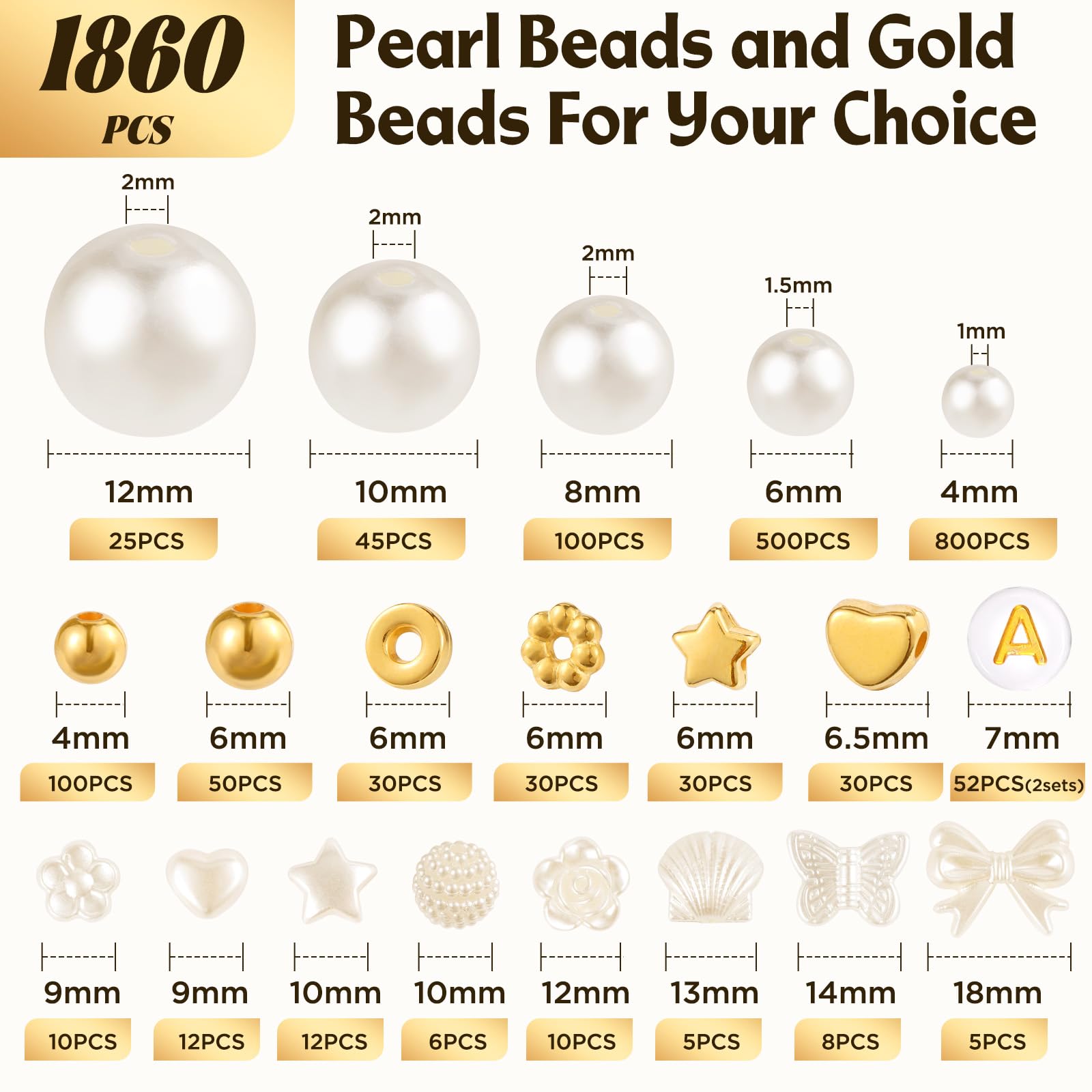 Funtopia 1860pcs Pearl Beads for Jewelry Making, 5 Sizes Round Pearls Bracelet Making Kit, Pearl Beads with Gold Spacer Bead Letter Star Heart Bow Bead for Necklaces Earrings DIY Crafts