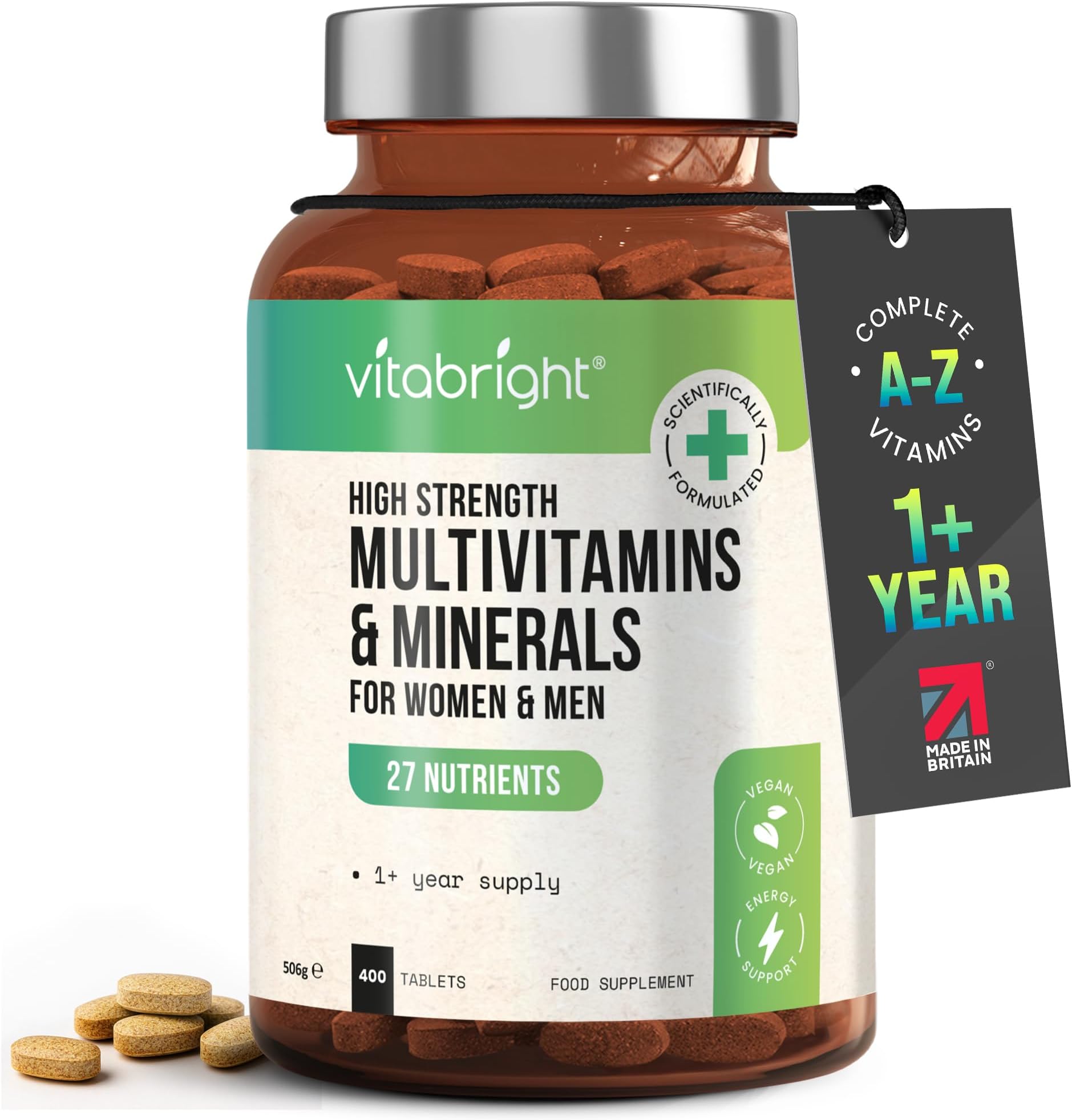 High Strength A-Z Multivitamin & Mineral Tablets for Men & Women | 400 Vegan Tablets | 1 a Day | Complete Daily Multivitamin 100% Dosage Vitamins with Iron | Age 12+ | VitaBright