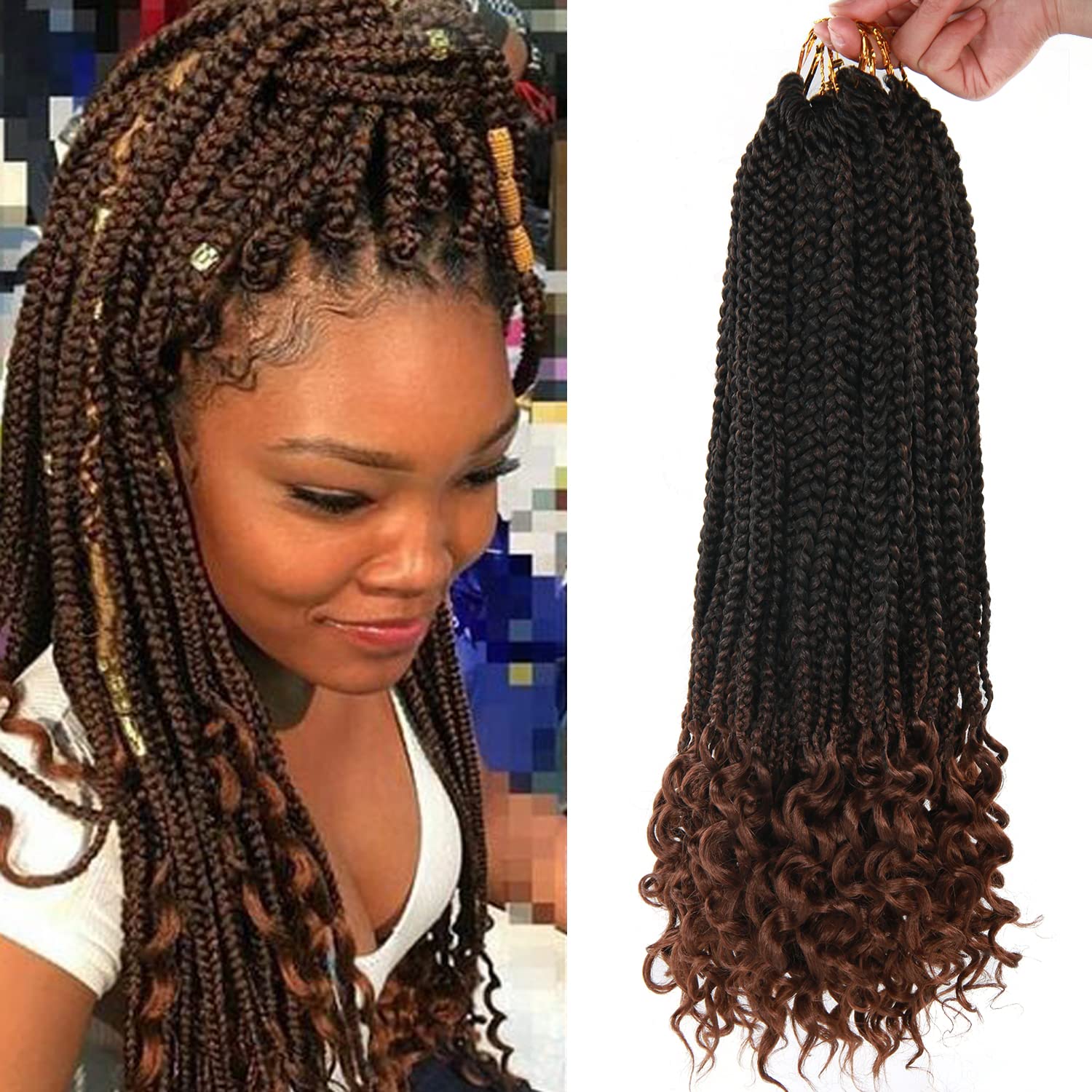 14 Inch 144 Roots/pack Box Braid Crochet Hair Black Box Braids Hair Curly Ends Ombre Brown Curly Wave Goddess Braids Crochet Hair 24 Strands/pcs Braiding Hair Extensions (14inch, 1B/30#)