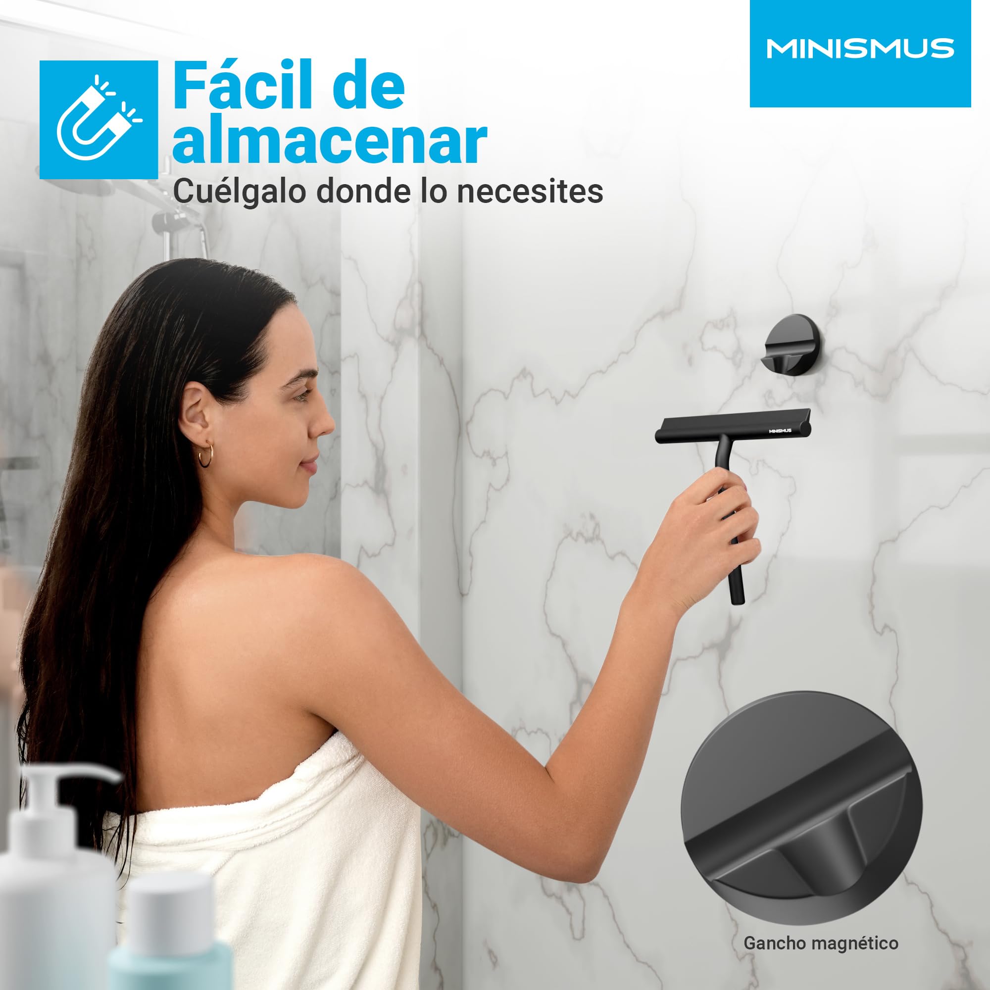 Minismus Limpiacristales para Ducha, baño, Azulejos, Espejos, Ventanas, Incluye Soporte magnético sin taladrar, Autoadhesivo, diseño Moderno (Negro, 21 cm) — view 3