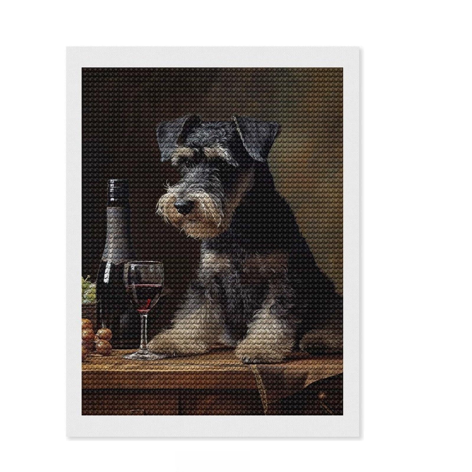 Junmoney Schnauzer Enjoying Wine DIY Diamond Art Canvas Kit 12"x16", Easy to Enjoy, Adhesive Canvas, Aesthetic Room Decor, Thoughtful Handmade Gift