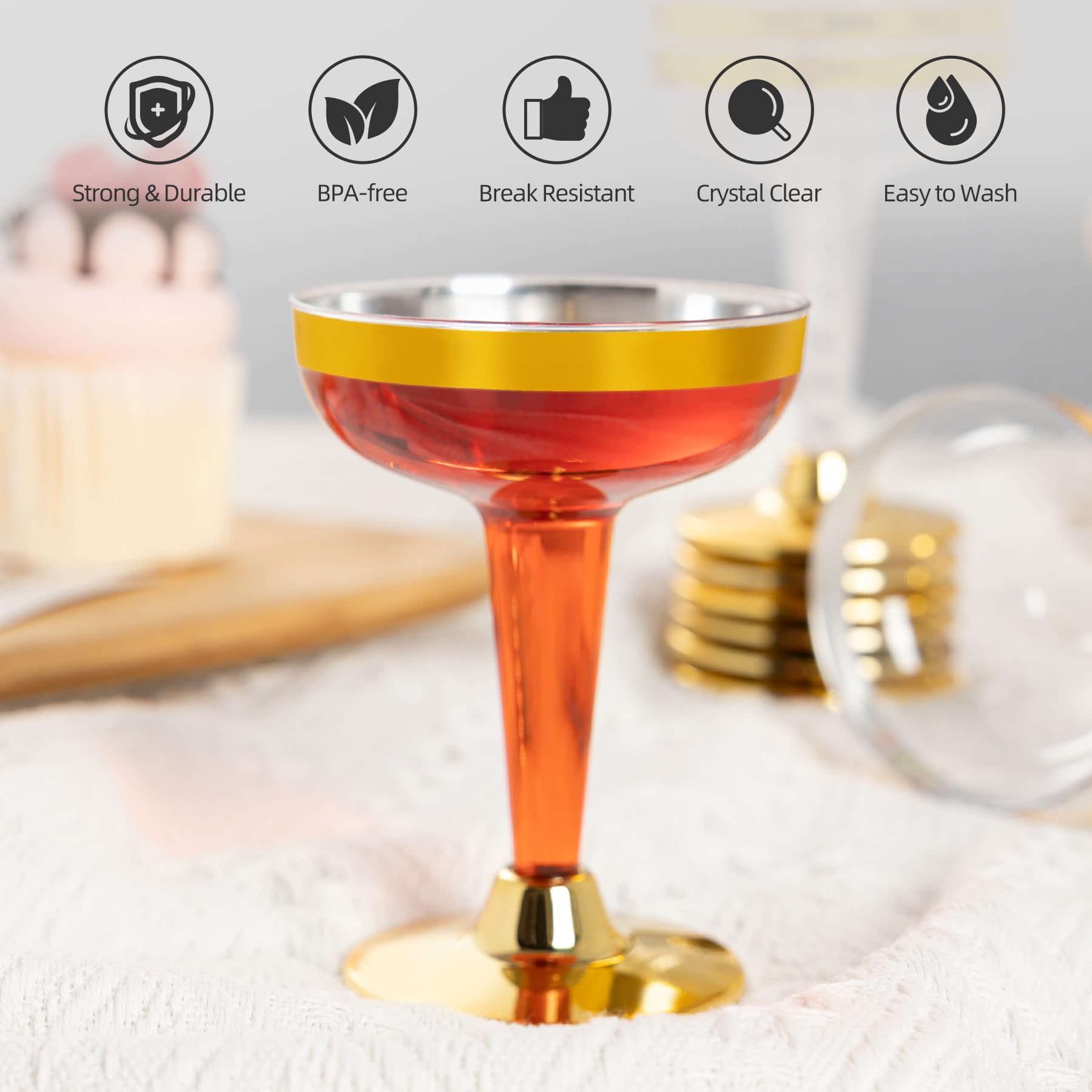 Lullaby Paquete de 50 copas de champán desechables de 5 onzas con borde dorado, elegantes, irrompibles y transparentes, perfectas para bodas, fiestas, cumpleaños y ocasiones especiales