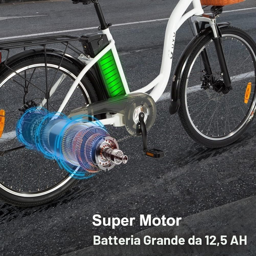 DYU Bicicletta Elettrica,26 pollici Bici Elettrica con Cambio a 6 velocità,12,5 Ah 36 V Batteria Rimovibile,City E-Bike con Cestino,Altezza del Sedile Regolabile,Adulti Unisex