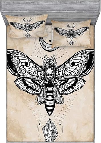 Ambesonne Juego de sábanas bajeras y fundas de almohada de fantasía, diseño de calavera mágica de luna y piedra, diseño de calavera mágica de cabeza